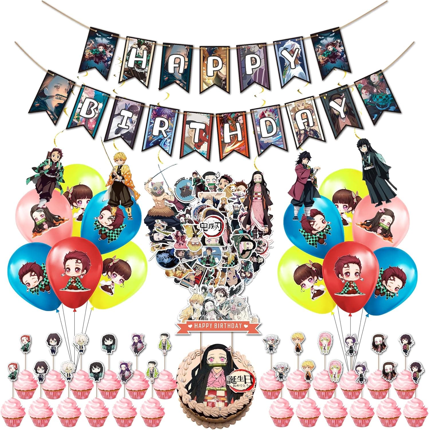Demon Slayer Birthday Party Decoration98PCS Anime Theme Decorations for Boys Dorm banner, balloon, cake topper, spiral,Demon Slayer Party Supplies