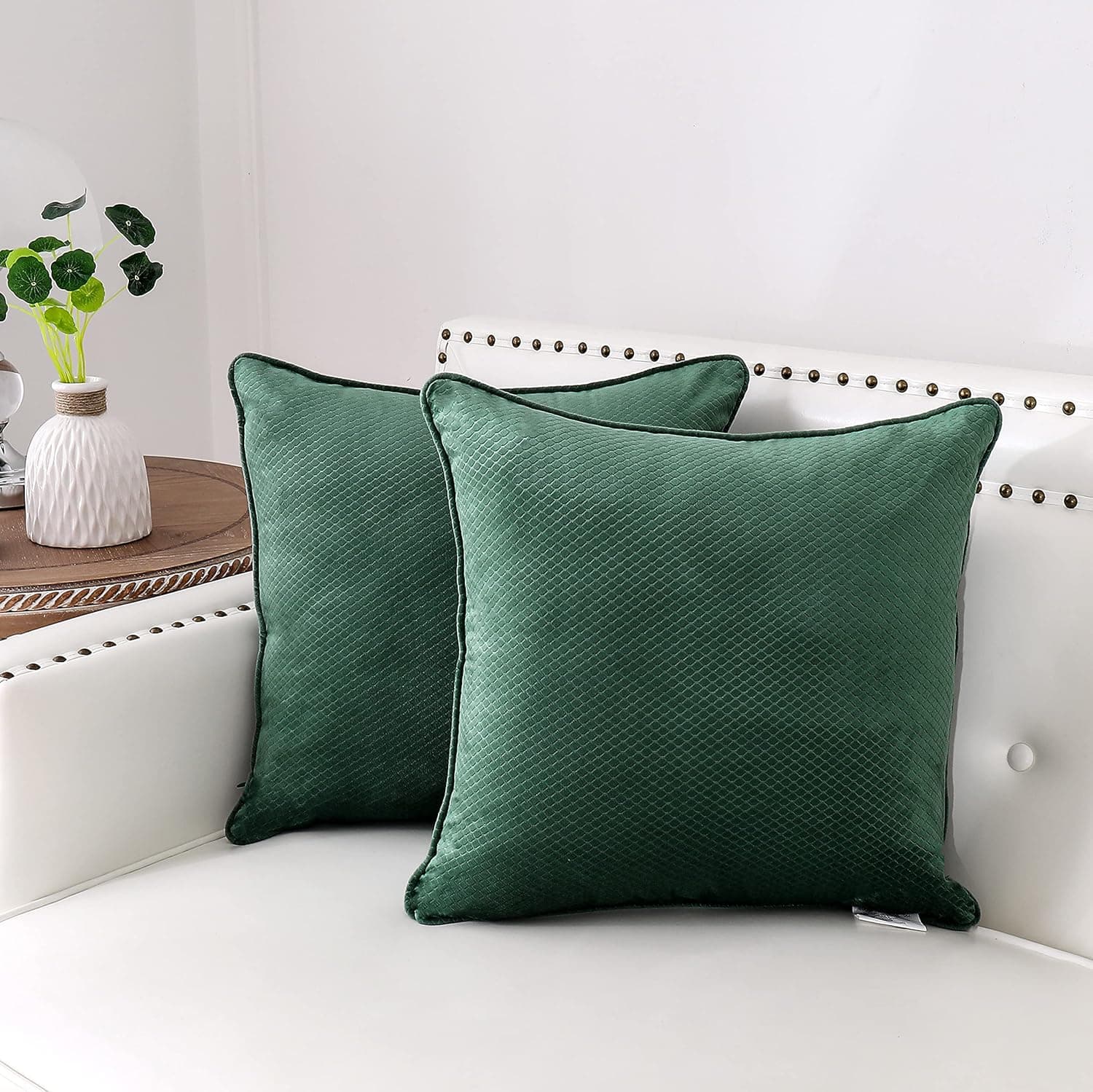 Nottingson Home Set of 2 Soft Velvet Dark Green Pillow Covers 20x20 for Couch Hexagonal Geometric Embossed Solid Square Throw Cushion Covers Luxury Home Decor for Bed/Sofa/Chair/Car