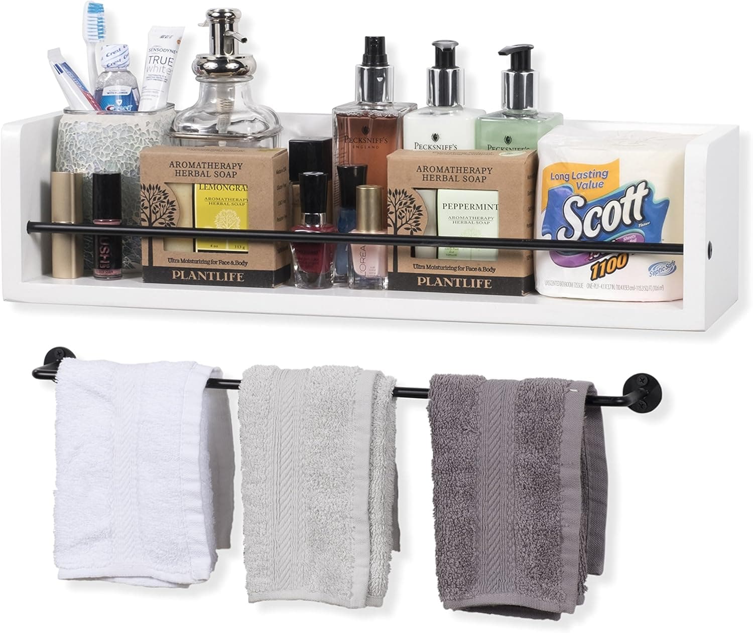 Rustic State Wall Mount Wood Floating Shelves with Metal Rail & Towel Bar - Spice Rack Display - Kitchen, Bathroom, Living Room, Bedroom Wall Décor Storage Organizer - White