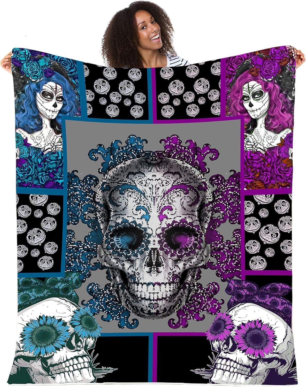 Throw Blanket for Women Men Purple Sugar Skull Warm Soft Sherpa Fleece Bed Throw Tapestry Blanket Gift for Christma 80"x60" Travel Blanket Cover Bedroom Decor Blankets Quilt