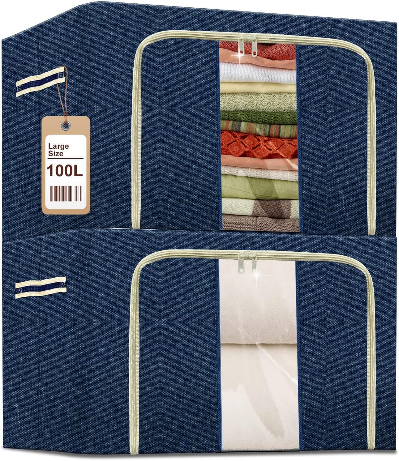 Clothes Storage Bins Boxes - 2 Pack 100L Foldable Stackable Container Organizer Set With Metal Frame, Label Holder, Clear Window, 26.4Gal Large Capacity Oxford Fabric For Closet Blanket