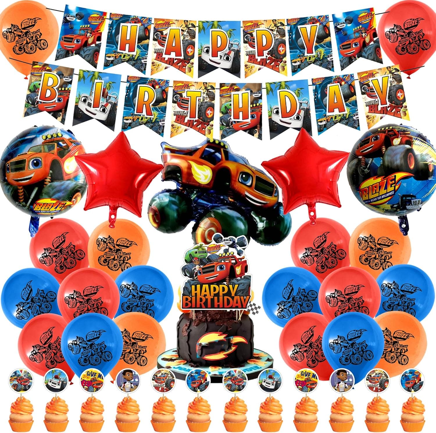 37 Pcs Blaze and the Monster Machine Birthday Party Decorations,Party Supply Set for Kids with 1 Happy Birthday Banner Garland, 12 Cupcake Toppers, 5 Foil Balloons,18 Balloons for Party Decorations