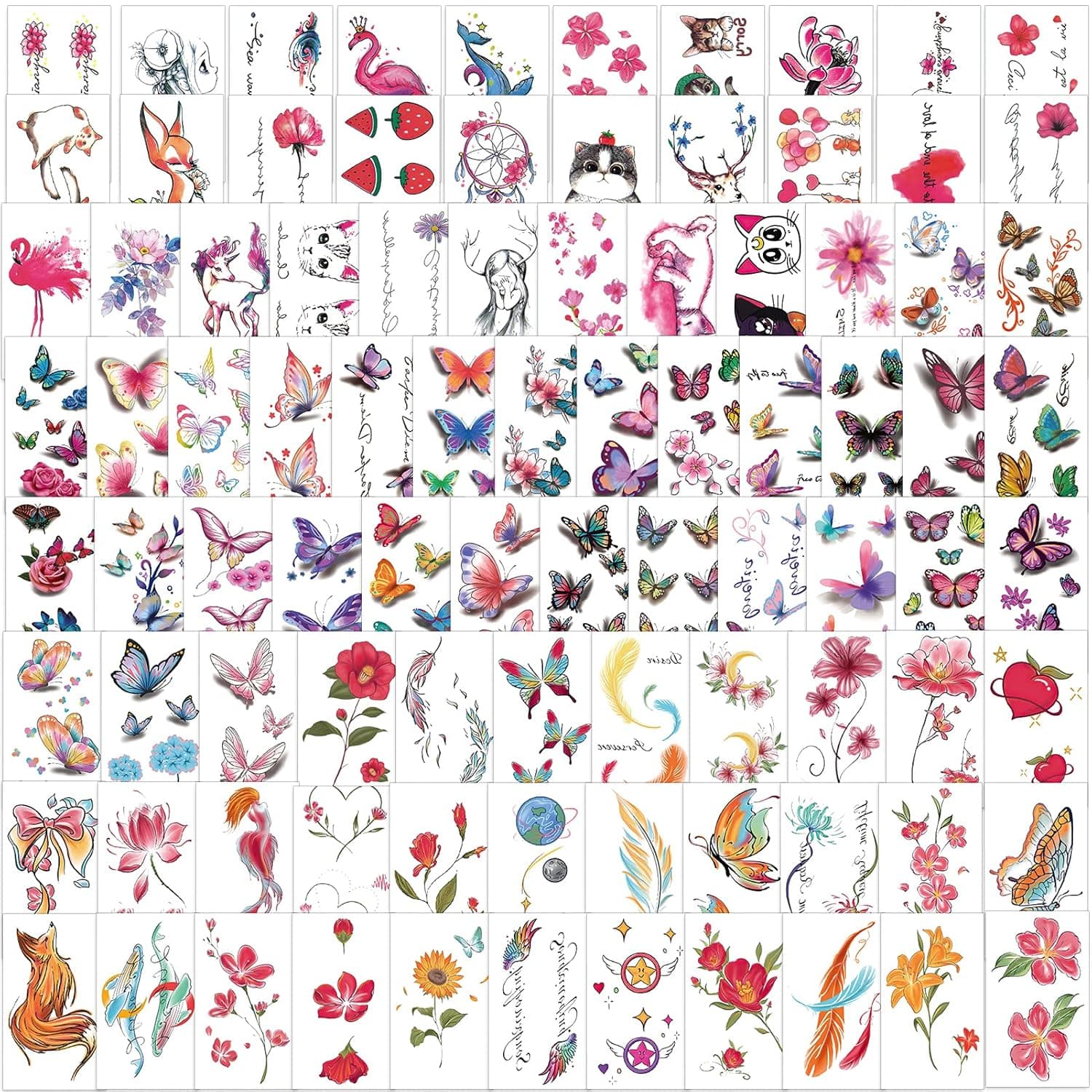 Konsait Temporary Tattoos for Women Girls, 90 Sheets Butterfly Flowers Unicorn Cat Strawberry Mermaid Animals Fruit Tattoo Stickers, Waterproof Fake Tattoo Body Art Neck Arm Wrist Hands Sticker Tattoo