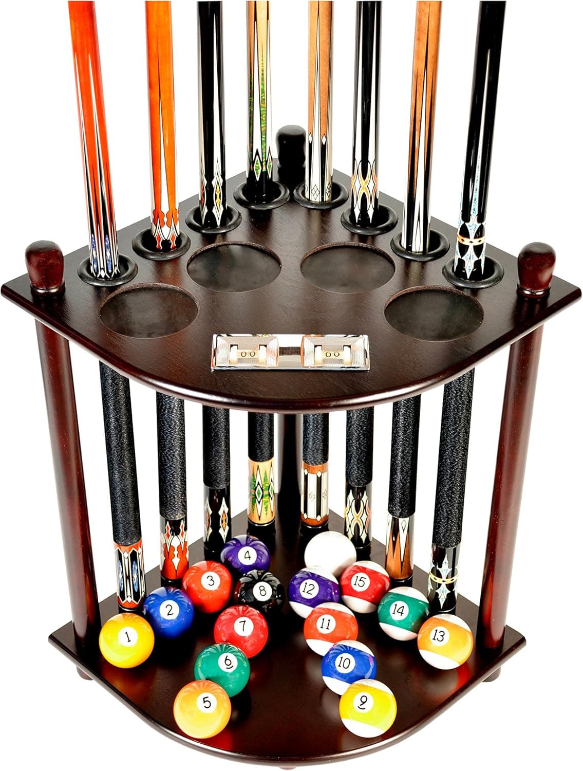 Iszy Billiards Cue Rack Only - 8 Pool Billiard Stick & Ball Floor Stand with Scorer Choose Mahogany, Dark Oak or Black Finish (Mahogany)