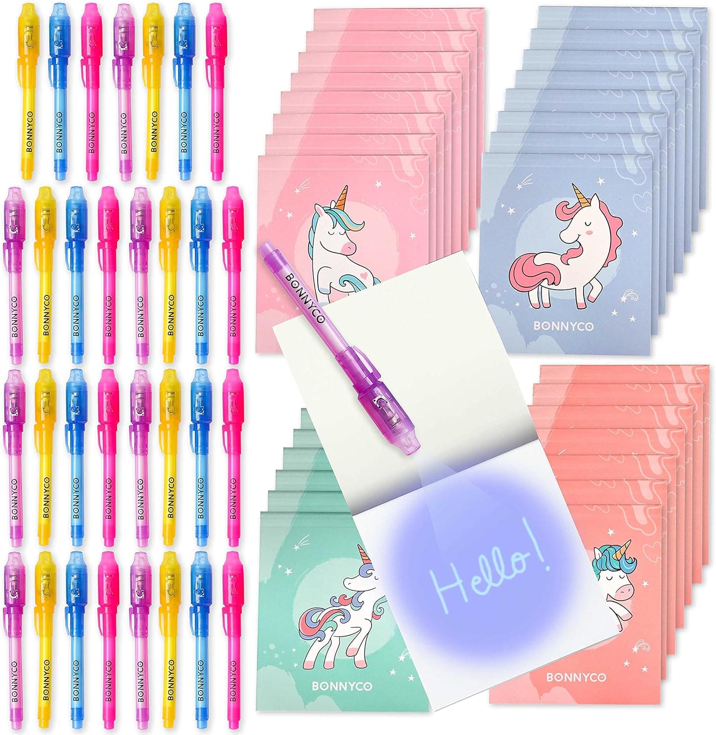 BONNYCO Invisible Ink Pen and Notebook Pack of 32 Unicorn Party Favors for Kids | Spy Pen Unicorn Birthday Party Supplies, Prizes for Kids | Magic Pen Birthday Party Favors, Prizes for Students
