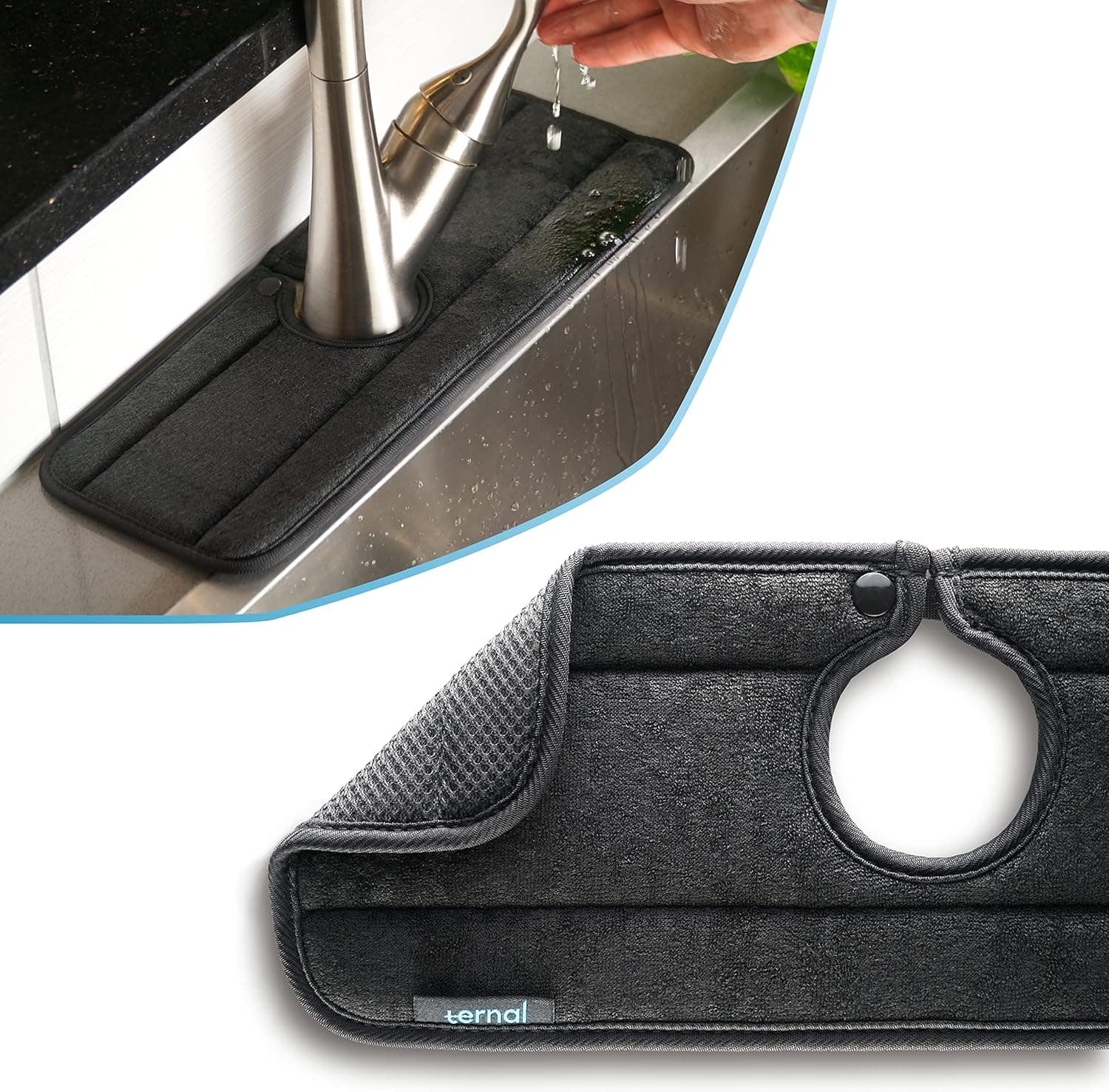 Ternal Sinkmat for Kitchen Faucet, Original Design, Absorbent Microfiber Fabric, Machine Washable Splash Guard & Drip Catcher For Around Faucet Handle [Black, Standard, 1 Pack]