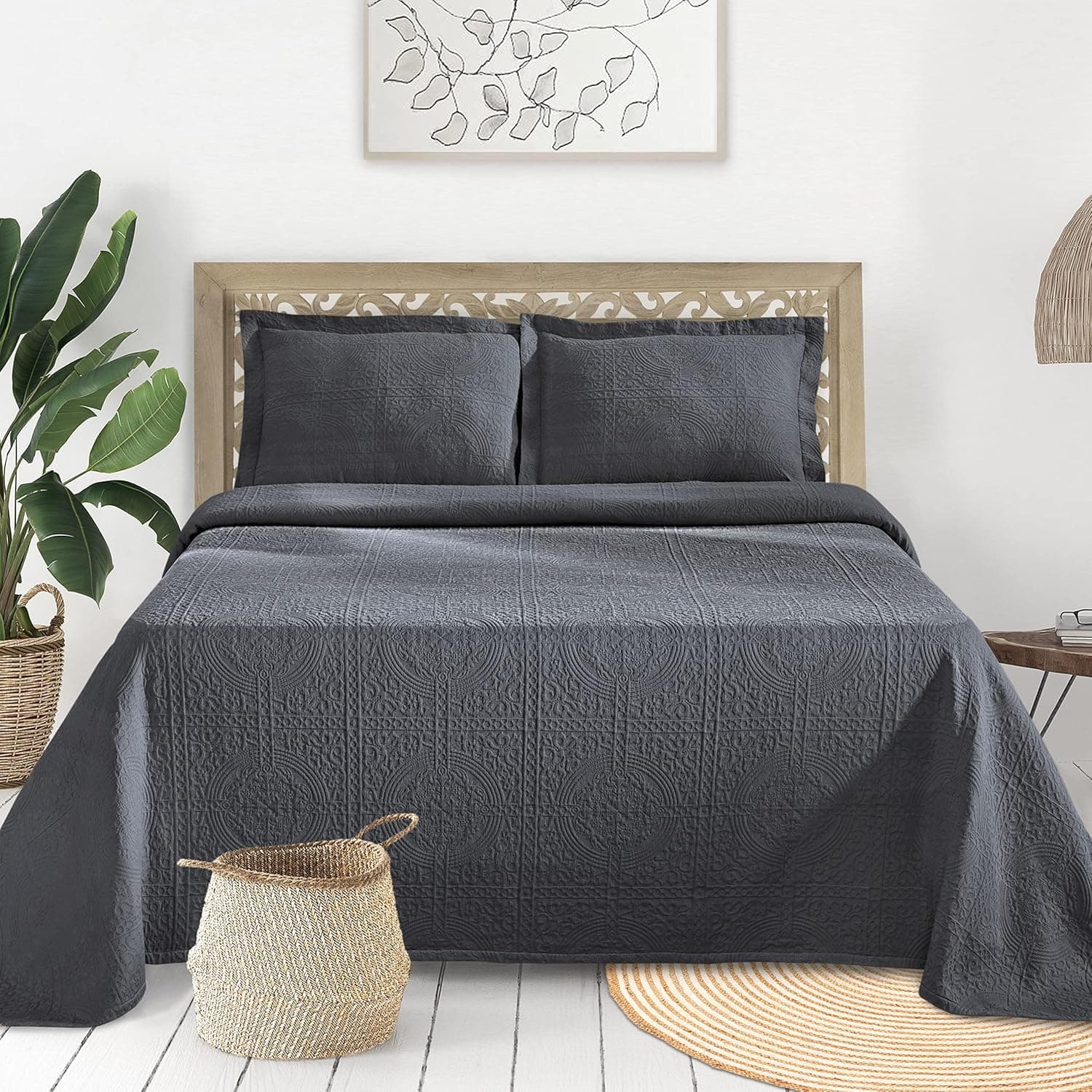 SUPERIOR Jacquard Matelasse Fleur De Lis 100% Cotton Medallion 3-Piece Bedspread Set - Twin, Silver