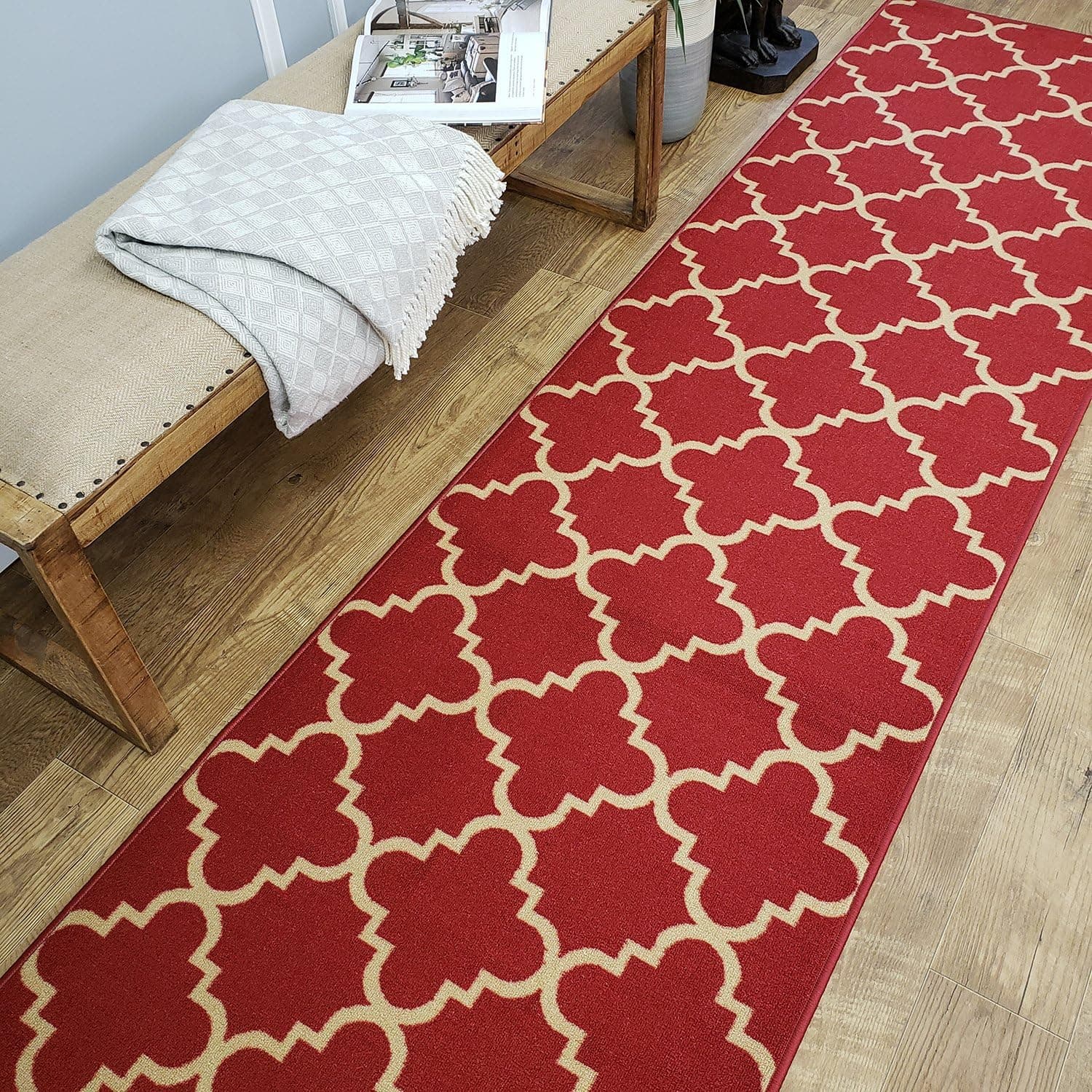 Rubber Backed Hallway Runner Rug, 31 x 120 inch, Trellis Carmine Red, Non Slip, Kitchen Rugs and Mats