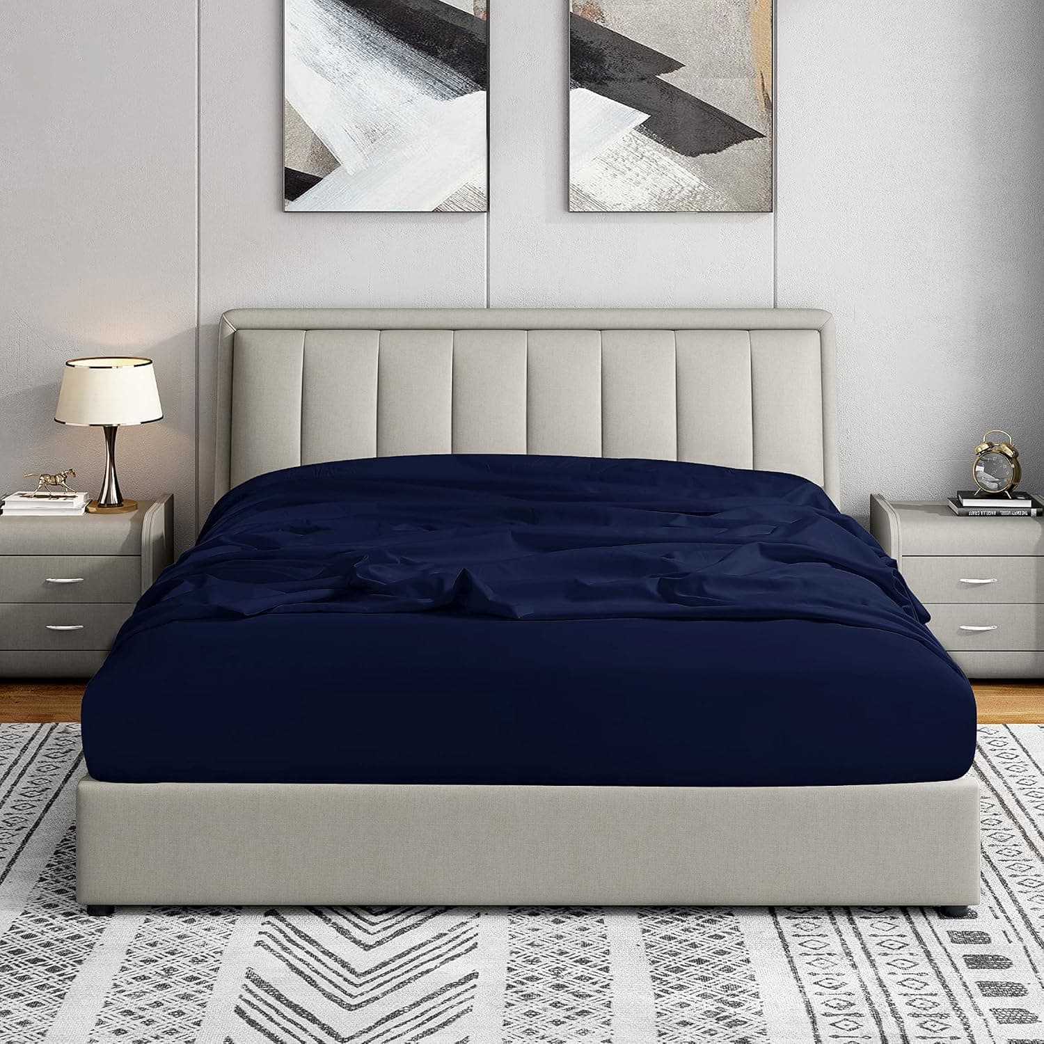 Cathay Home Queen Fitted Sheet - Double Brushed Ultra Soft – Wrinkle & Fade Resistant - 16" Deep Pocket Fitted Sheet Only - Good Fit for 14"-18" Deep Mattress (Queen, Navy)