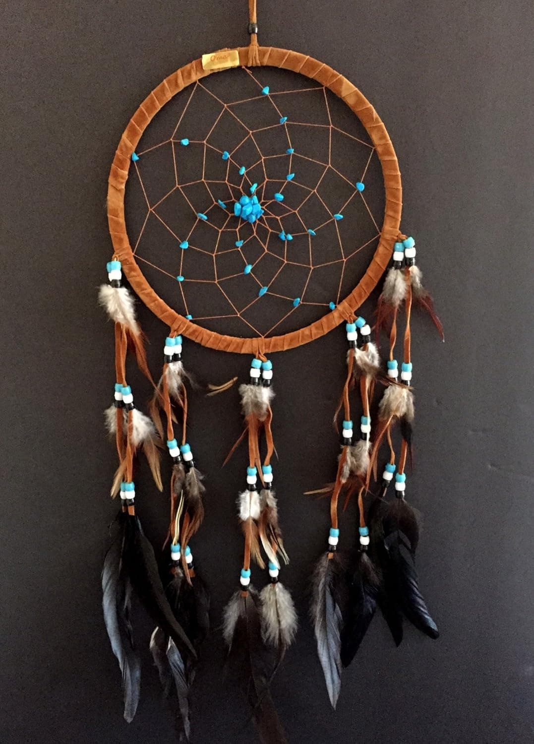 Dream Catcher Dreamcatcher - Brown Suede with Turquoise Details - Handmade, Large Size - 28" Long x 9" Diameter - OMA® Brand
