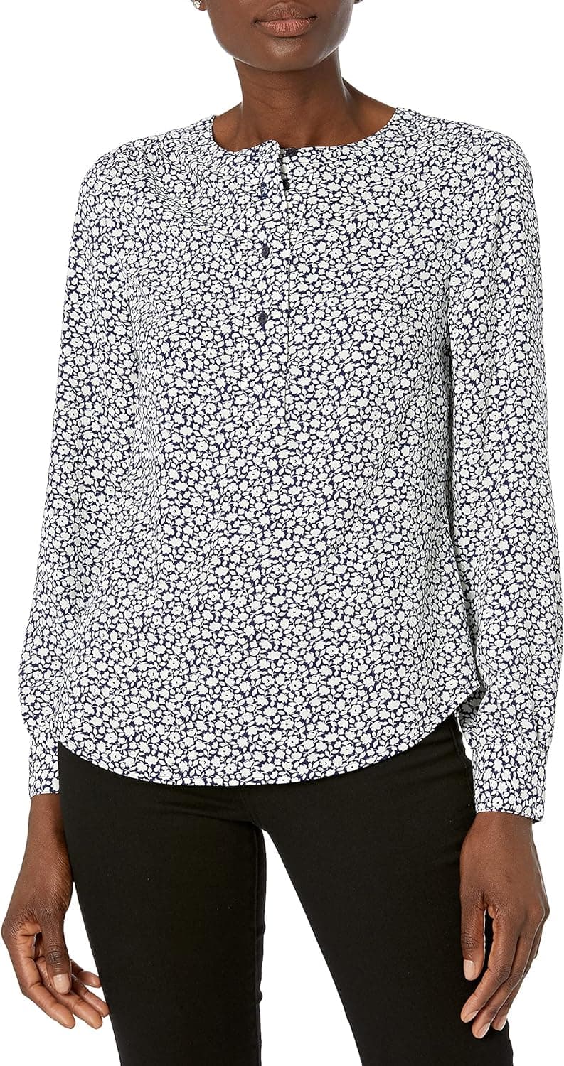 Lark & Ro Women's Long Sleeve Band Collar Henley Blouse