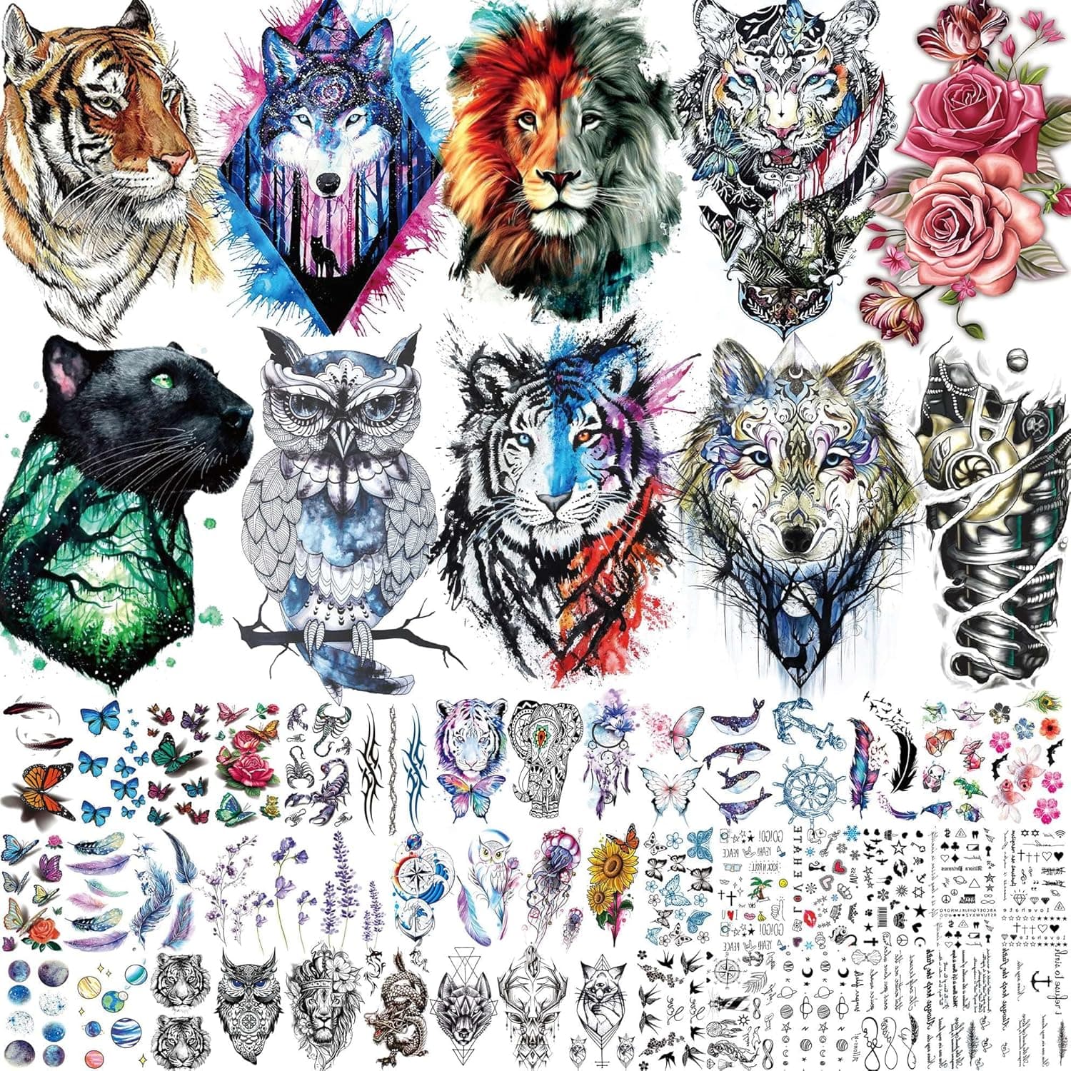 Bilizar 56 Sheets Watercolor Owl Tiger Lion Temporary Tattoos For Women Men Body Art Arm Thigh, 3D Long Lasting Realistic Fake Tattoo Sleeve Stickers For Adults, Wolf Animals Temp Tattoo Decals Kids