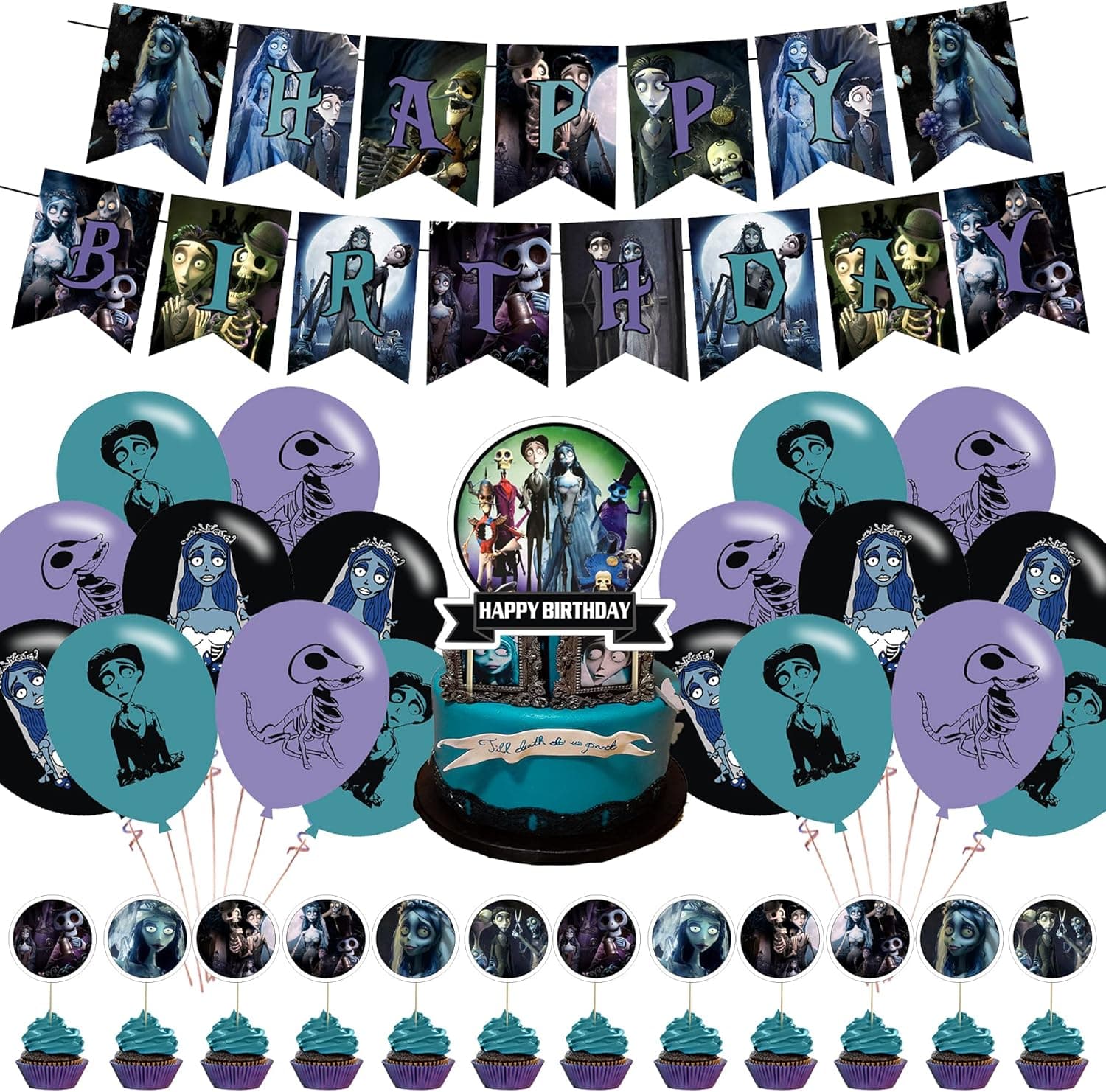 Corpse Bride Party Decorations,Birthday Party Supplies For Halloween Corpse Bride Party Supplies Includes Banner - Cake Topper - 12 Cupcake Toppers - 18 Balloons