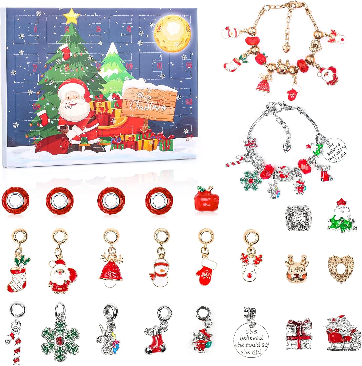 zeerliki Advent Calendar 2021 Girls Christmas Countdown Calendar ,Christmas Themed DIY Charm Bracelet Making Kit for Girls, Jewelry Gift Set Including 24 Charms Beads, 2 Bracelets