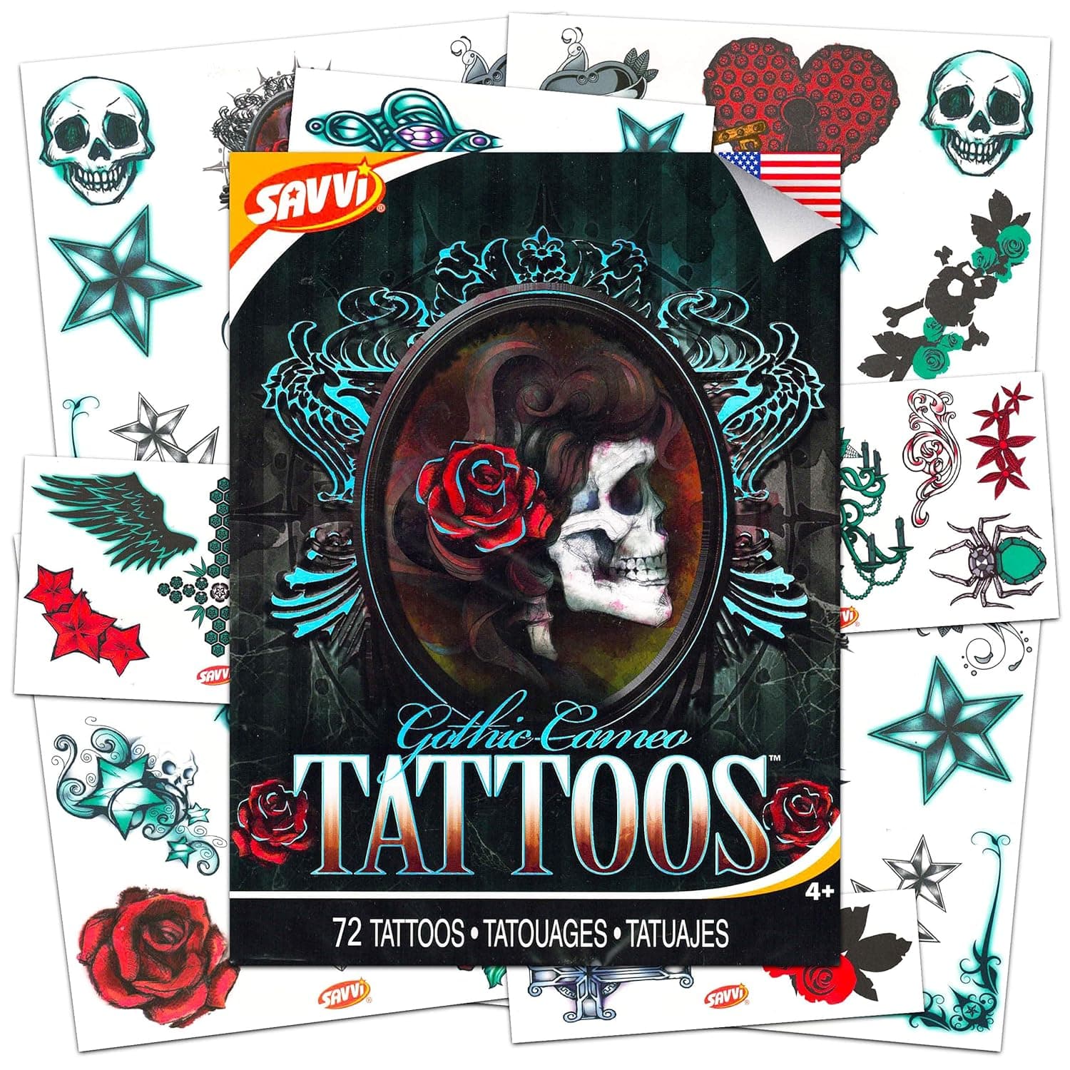 Gothic Tattoos For Girls Halloween Costume Set ~ 72 Goth Temporary Tattoos Including Skulls, Roses, Stars, Hearts and More! (Halloween Party Supplies)