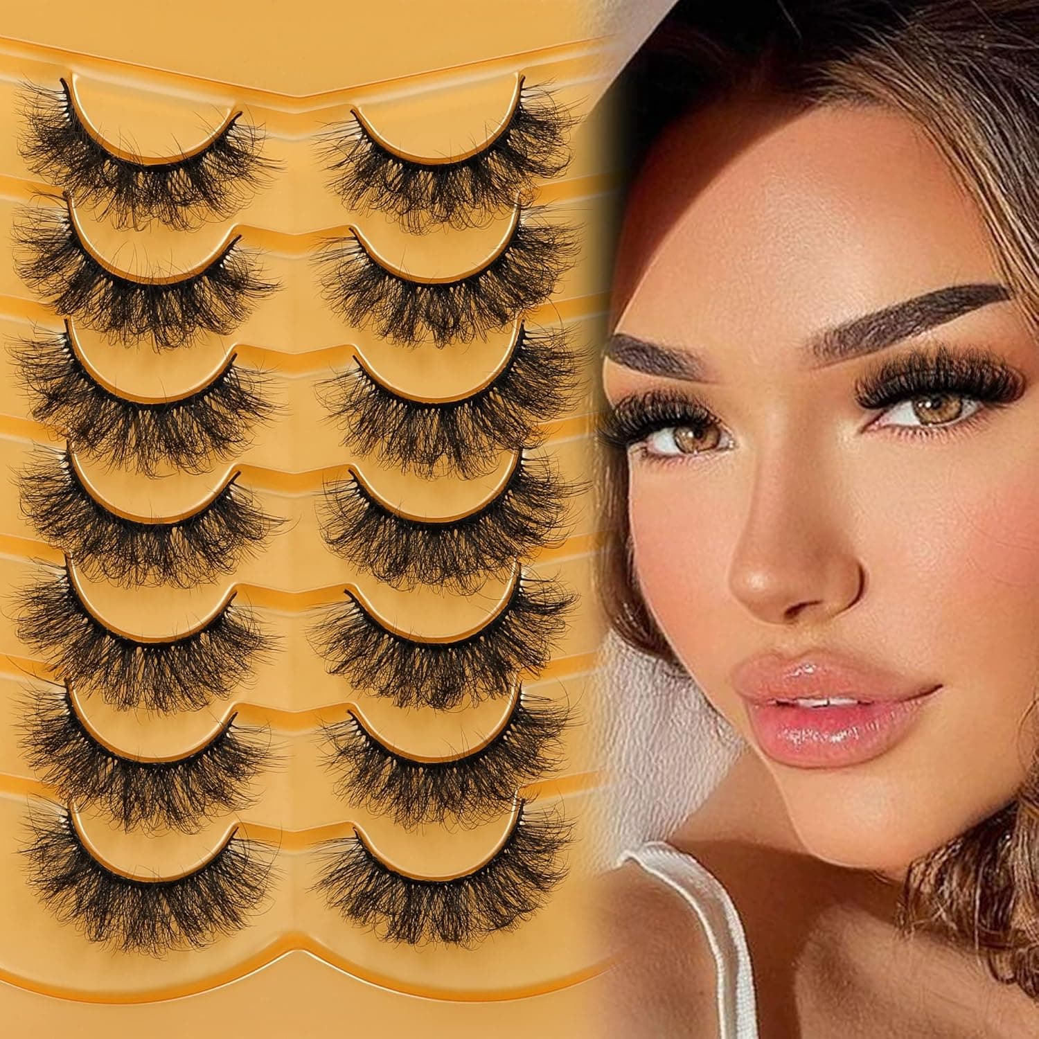 Dramatic False Eyelashes Volume Mink Lashes Fluffy Curl 9D Fake Lashes Thick Fluffy 7 Pairs Faux Mink Lash Pack
