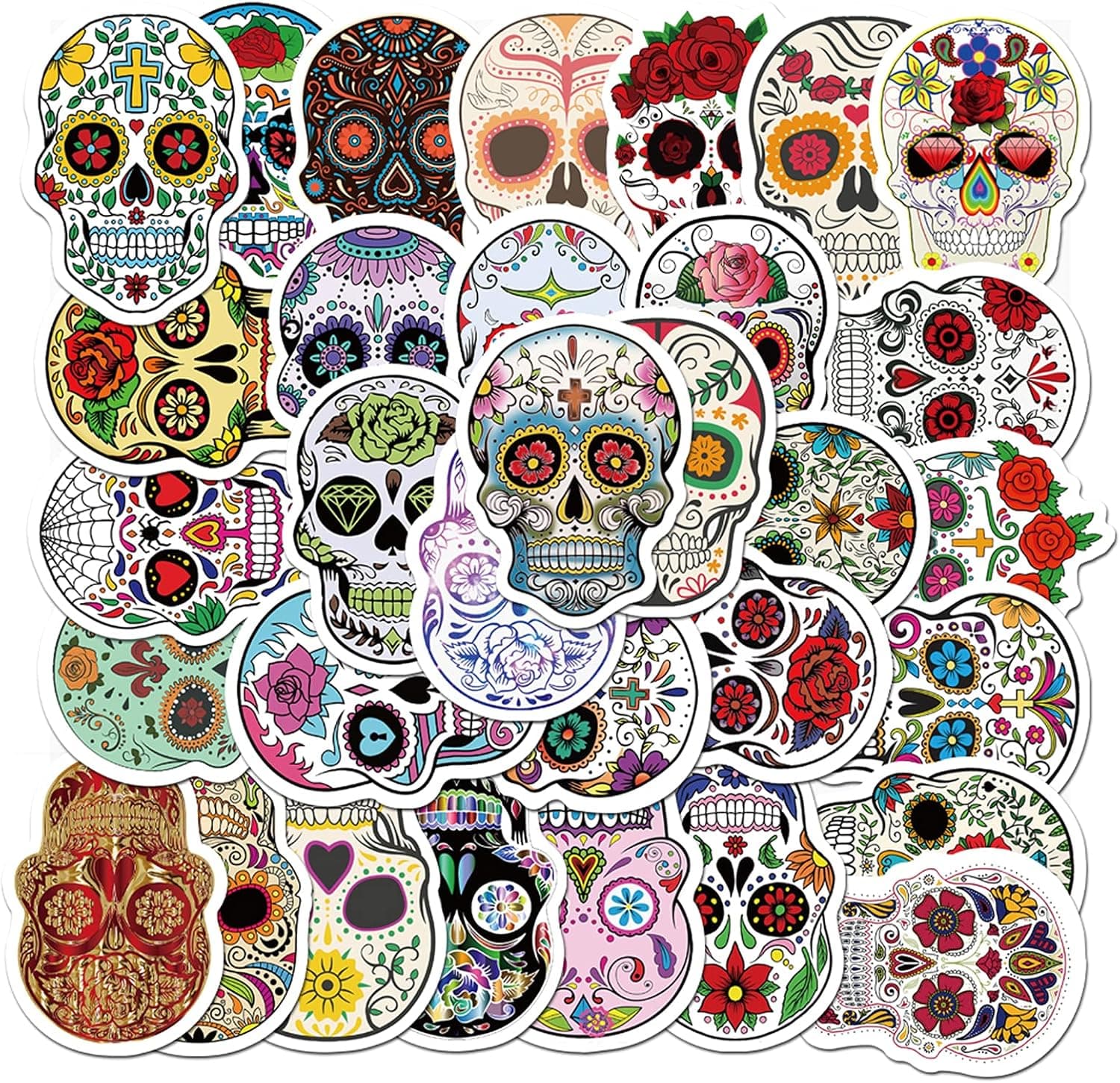 50pcs Halloween Sugar Skull Stickers, Dia de Los Muertos Mexican Day of Dead Stickers Decals, Candy Skull Stickers for Laptop Water Bottle Luggage Bike Computer