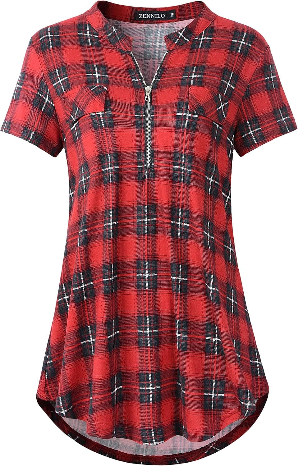 ZENNILO Women's Shirt Zip Plaid V Neck Short Sleeve Casual Summer Tunic Tops Blouse