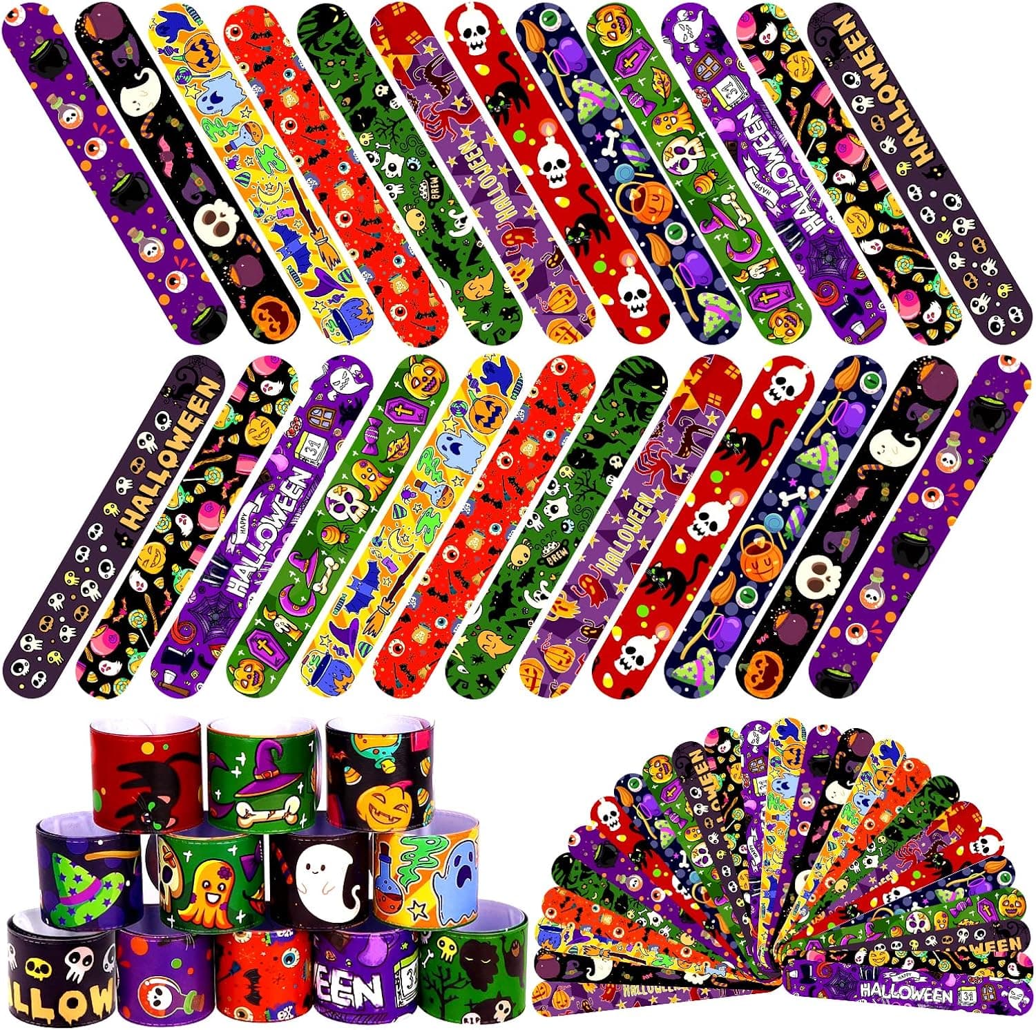 XIMISHOP 48PCS Assorted Halloween Slap Bracelets, Pumpkin Witch Ghost Snap Bracelet Bulk Halloween Toys for Kid Halloween Party Favors