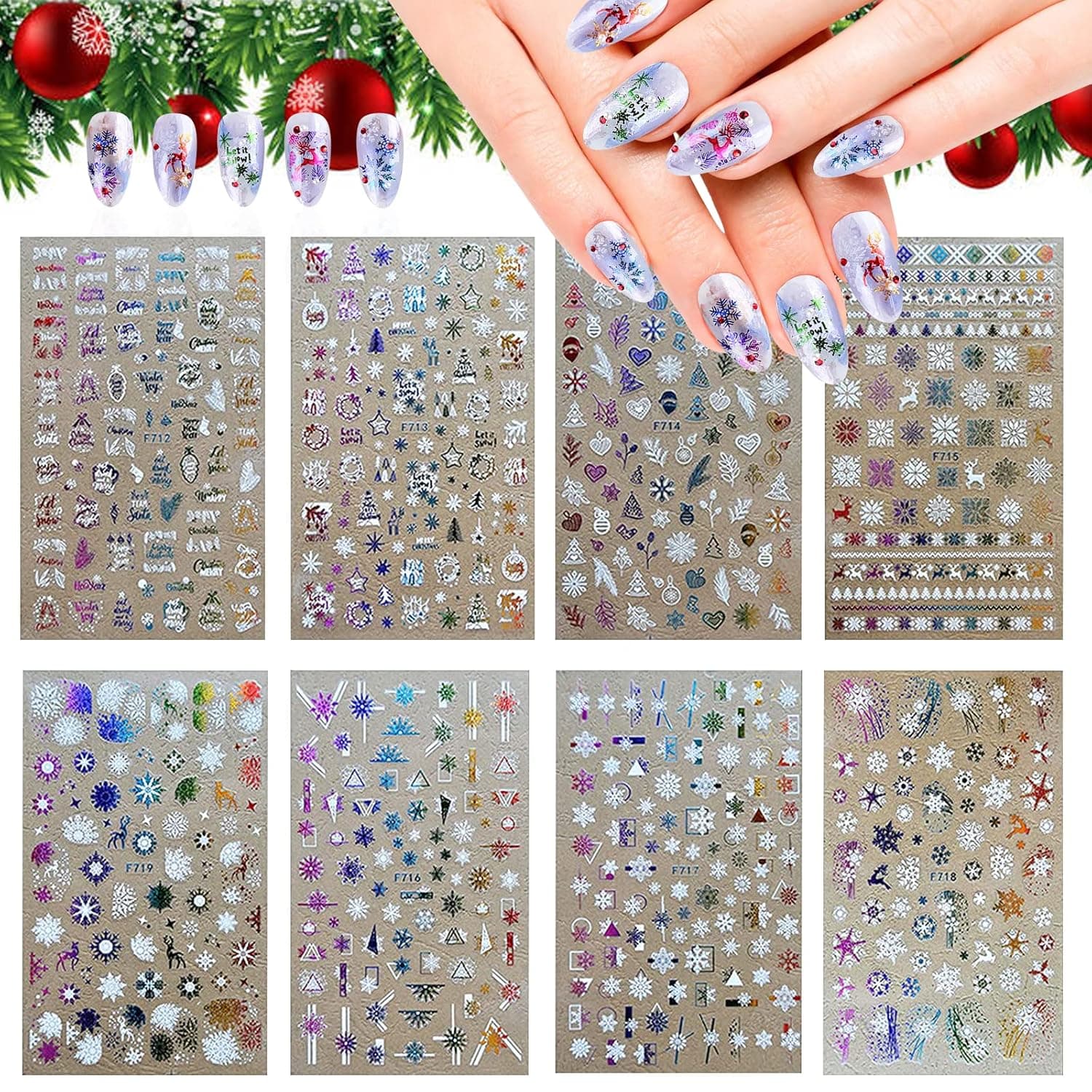 8 Sheets 3D Christmas Nail Decals Christmas Nail Gold Silver Snowflakes Nail Stickers,Gold Nail Art Stickers Snowflake Snowman Christmas Bell Tree Stick Elk for Christams Nail Decorations HOINCO
