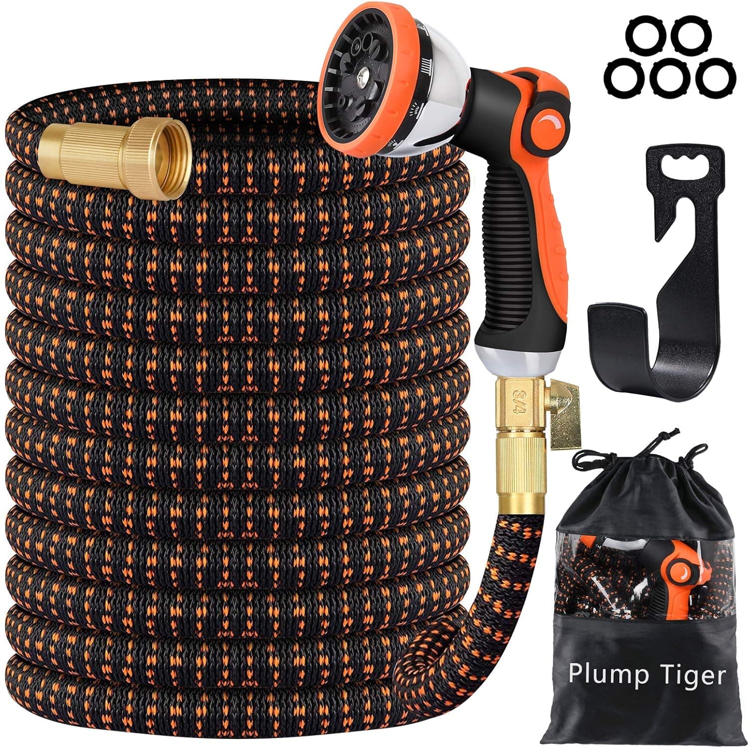 Plump Tiger Expandable Garden Hose with 10 Function Zinc Spray Nozzle, 50ft No-Kink Flexibility Water Hose, 4-Layers Latex Core and 3/4 Solid Brass Fittings Hose Pipe for Watering & Washing (Orange)