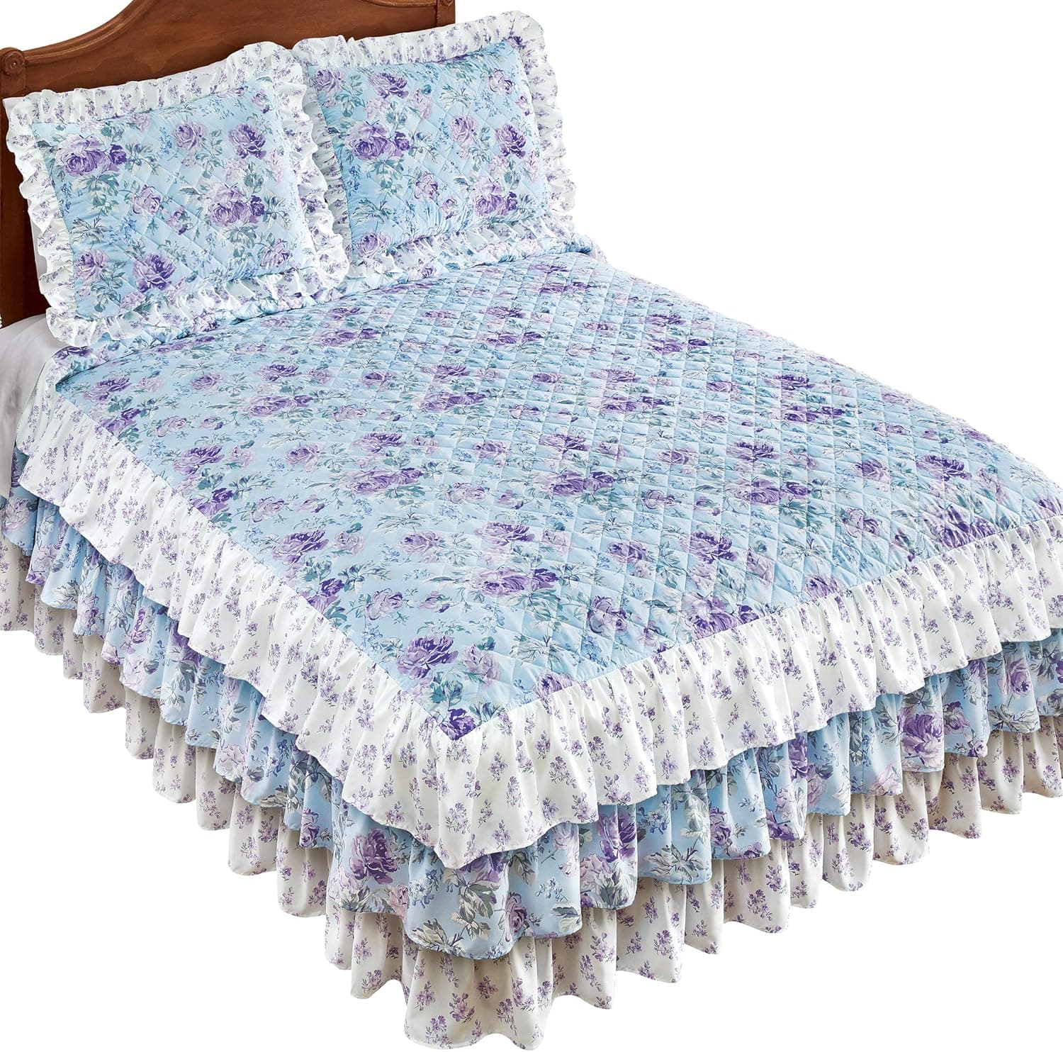 Collections Etc Romantic Lavender Roses on Ruffled Light Blue Bedspread - Quilted Top, 3 Tiers of Ruffles in Floral Patterns - Machine Washable, Polyester - Twin, Full/Queen, King - Spring, Summer