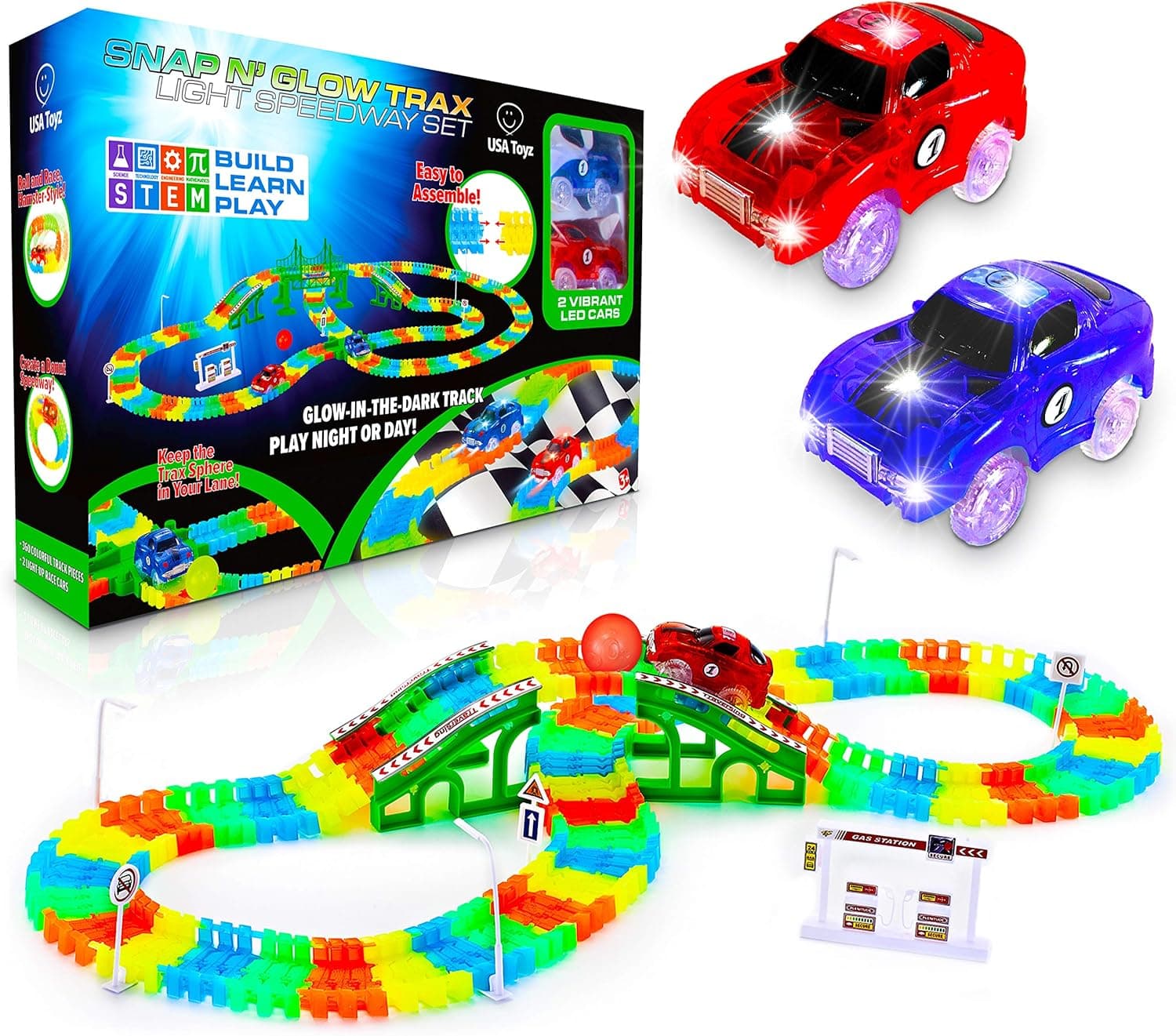 USA Toyz Glow Race Tracks and LED Toy Cars - 360pk Glow in The Dark Bendable Rainbow Race Track Set STEM Building Toys for Boys and Girls with 2 Light Up Toy Cars