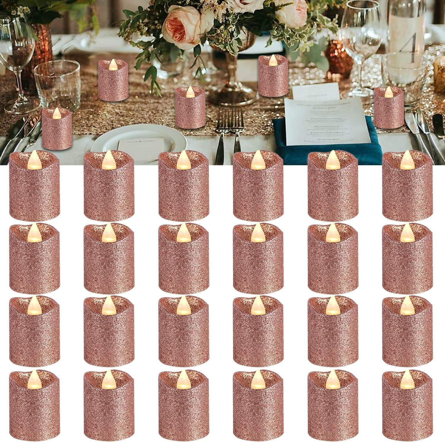 LOGUIDE Rose Gold Flameless Votive Candles,24 pcs Battery Operated Rose Gold Glitter LED Tea Light Candles for Party,Table,Wedding Centerpieces,Christmas, Birthday Decorations