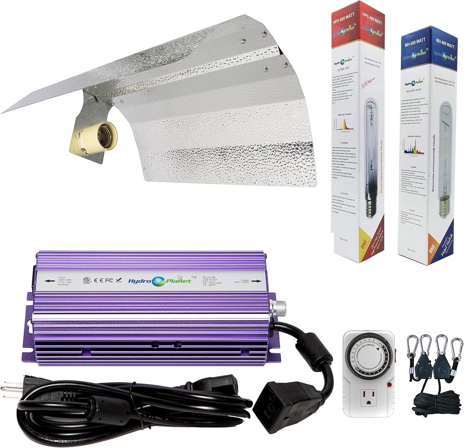 Hydroplanet Horticulture 400w Hydroponic 400w Watt Grow Light Digital Dimmable Ballast HPS Mh System Kit for Plants Gull Wing Reflector Hood Set (400w)