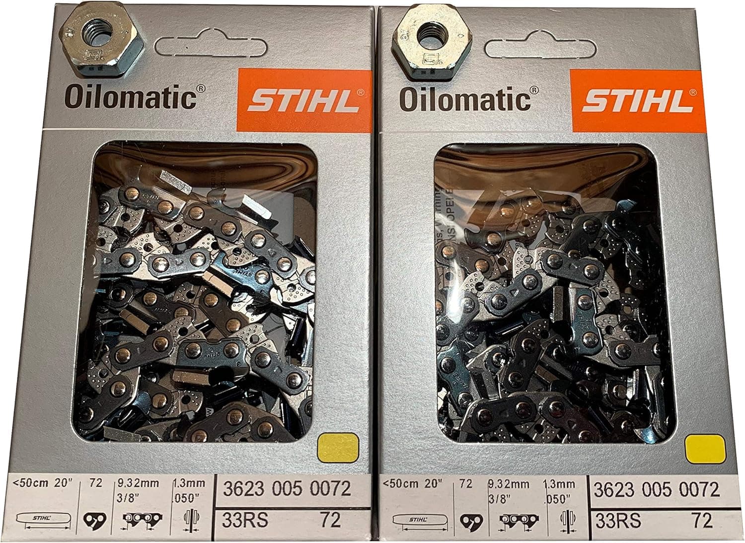 Stihl 33RS 72 Drive Links, 3/8" .050 Gauge, 20", Rapid Super Chainsaw Chain 3623 005 0072, 2 Pack, 2 Bar Cover Nuts 0000 955 0801