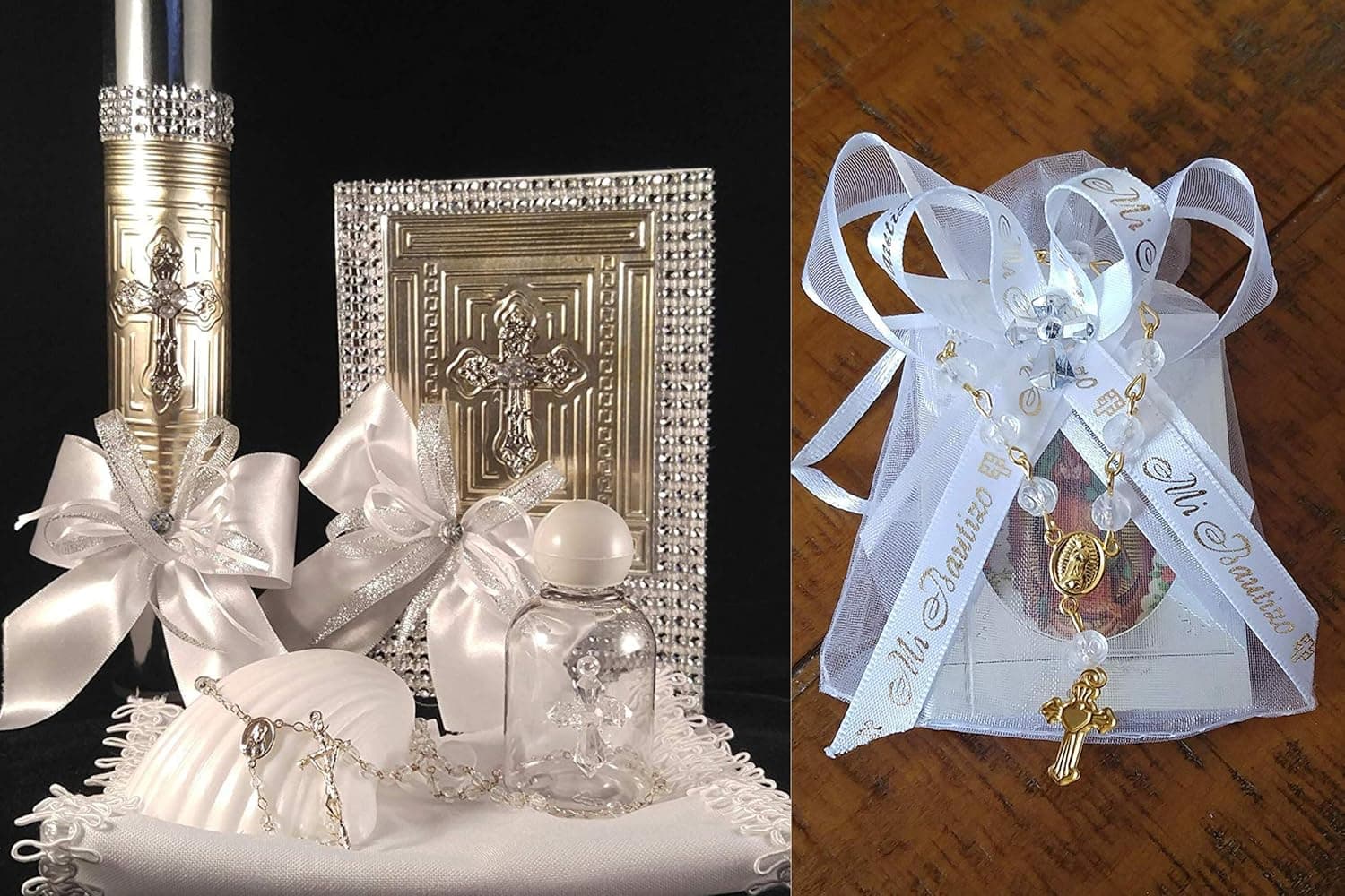 Baptism Candle Set y 12 Recuerdos de Organza con Libritos de la Virgen de la Guadalupe - Boy and Girl- Juego De Vela De Bautizo - Spanish- Bautizo Party Pack- Baptism Accessory, Espanol