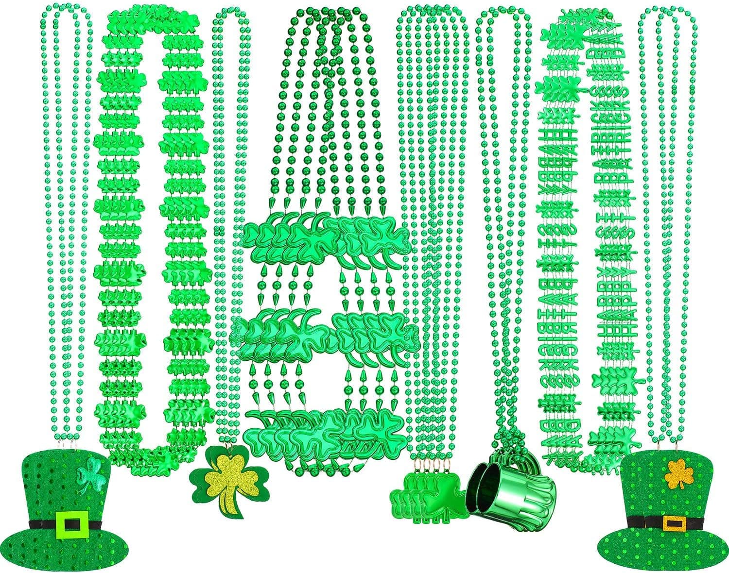 24 Pieces St. Patrick's Day Necklace Shamrock Clover Green Hat Necklace Wine Glass Bead Pendant Necklace for Irish Holiday Festival Mardi Gras Decoration Party Costume Accessory, 8 Types
