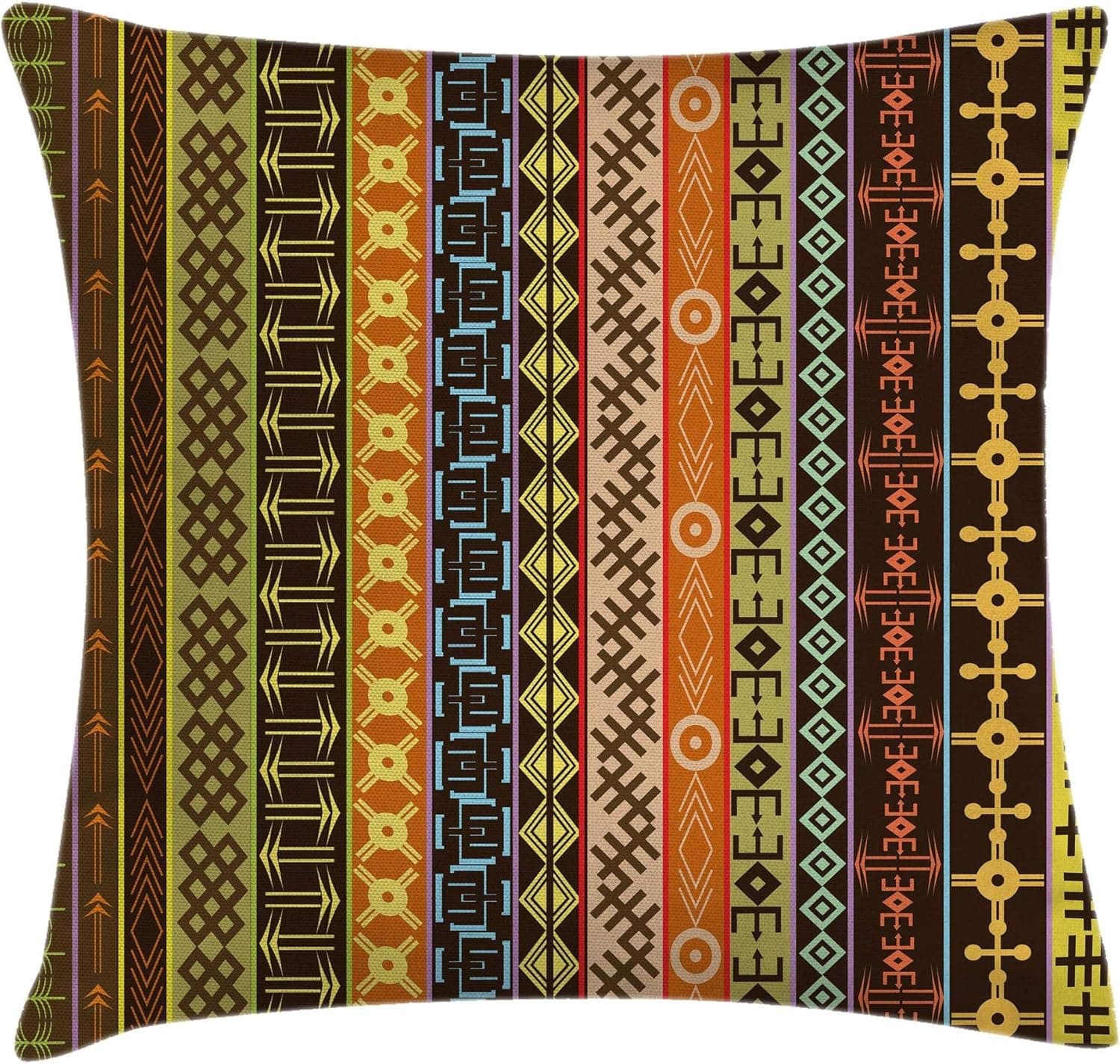 Ambesonne Ethnic Throw Pillow Cushion Cover, Prehistoric Pattern Effects Geometric Lines Folk Culture Design Print, Decorative Square Accent Pillow Case, 16" X 16", Brown Green