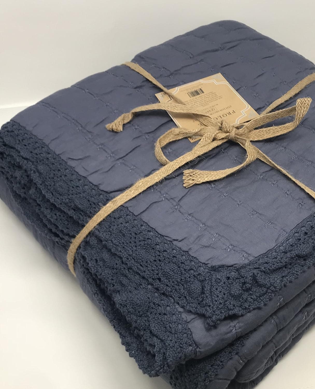 Prologue Shabby Chic Stitched Quilt with Crochet Lace Edge Vintage Bed Cover Cotton Coverlet Solid Color (Midnight Sky, Queen)