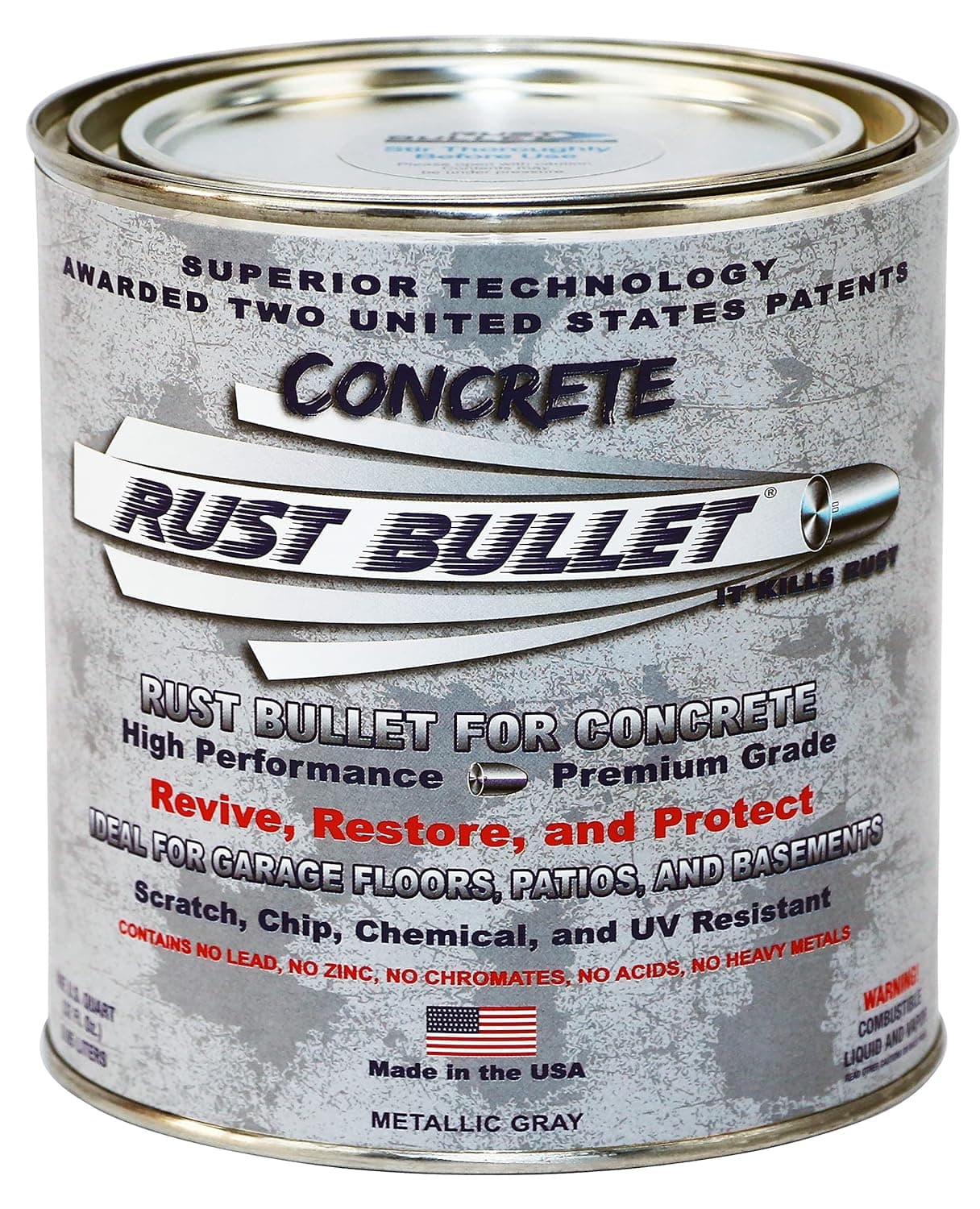 Rust Bullet for Concrete, Super-Tough Protective Floor Coating, Enhances Appearance and Adds Years of Life to Concrete Surfaces - Quart, Metallic Gray