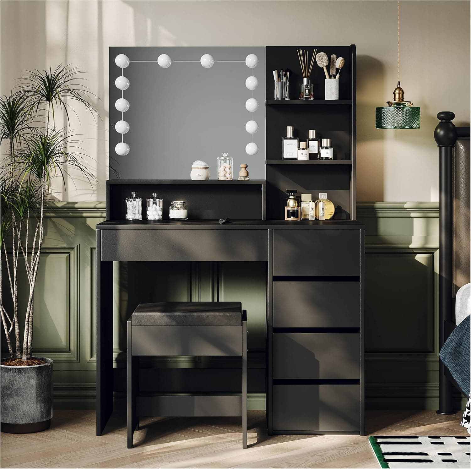 Furniouse 37" W Vanity Desk, Vanity Mirror with Lights and Table Set with 5 Drawers, Vanity Set 3 Lighting Modes Brightness Adjustable for Bedroom Studio(Black)