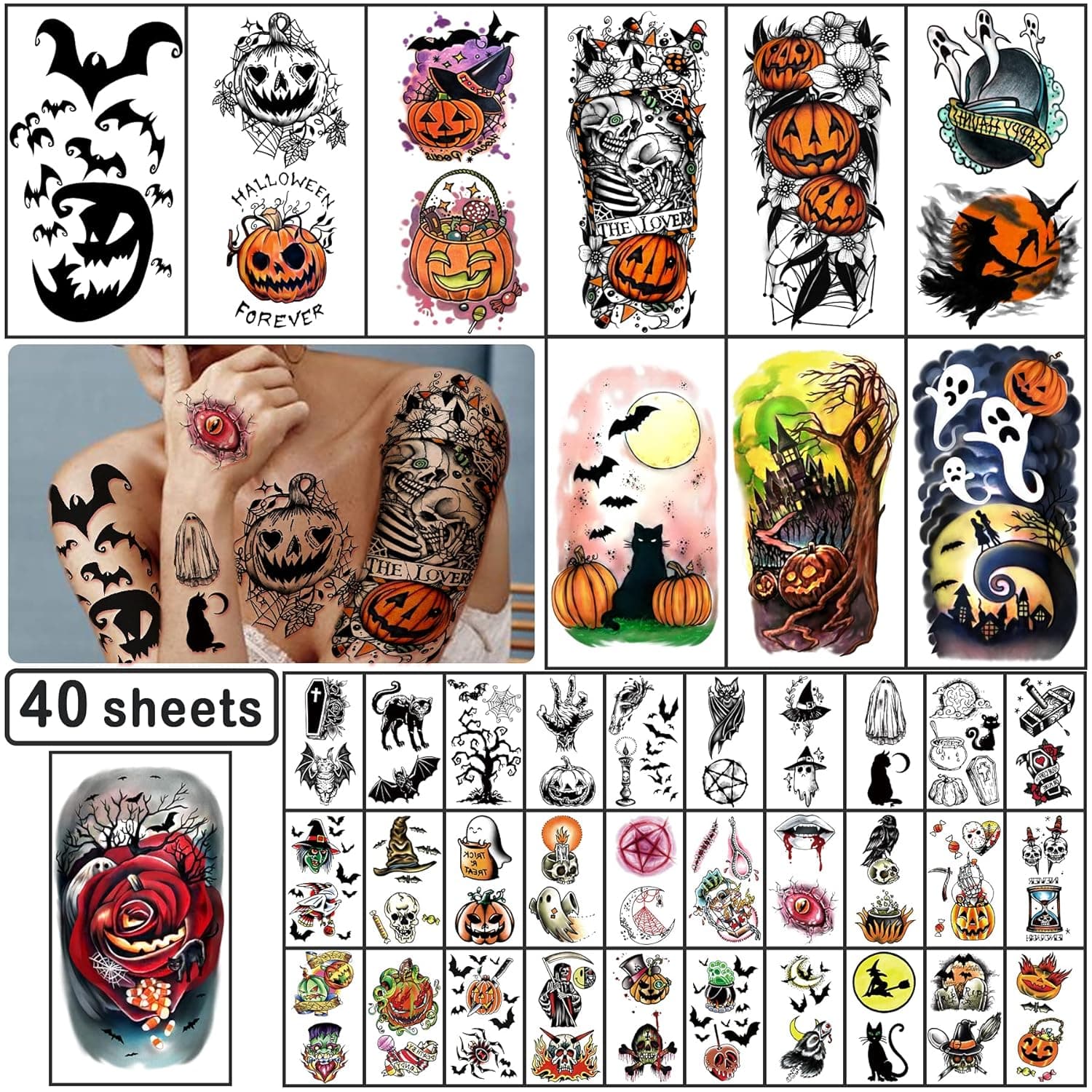 Yazhiji 40 Sheets Halloween Temporary Tattoos Pumpkin Witch Sugar Skull Tattoo Family Set Tats for Women Men Boys and Girls,Halloween Zombie Makeup Kit, Scar Waterproof Tattoos for Parties Realistic Long Lasting Zombie Tattoo