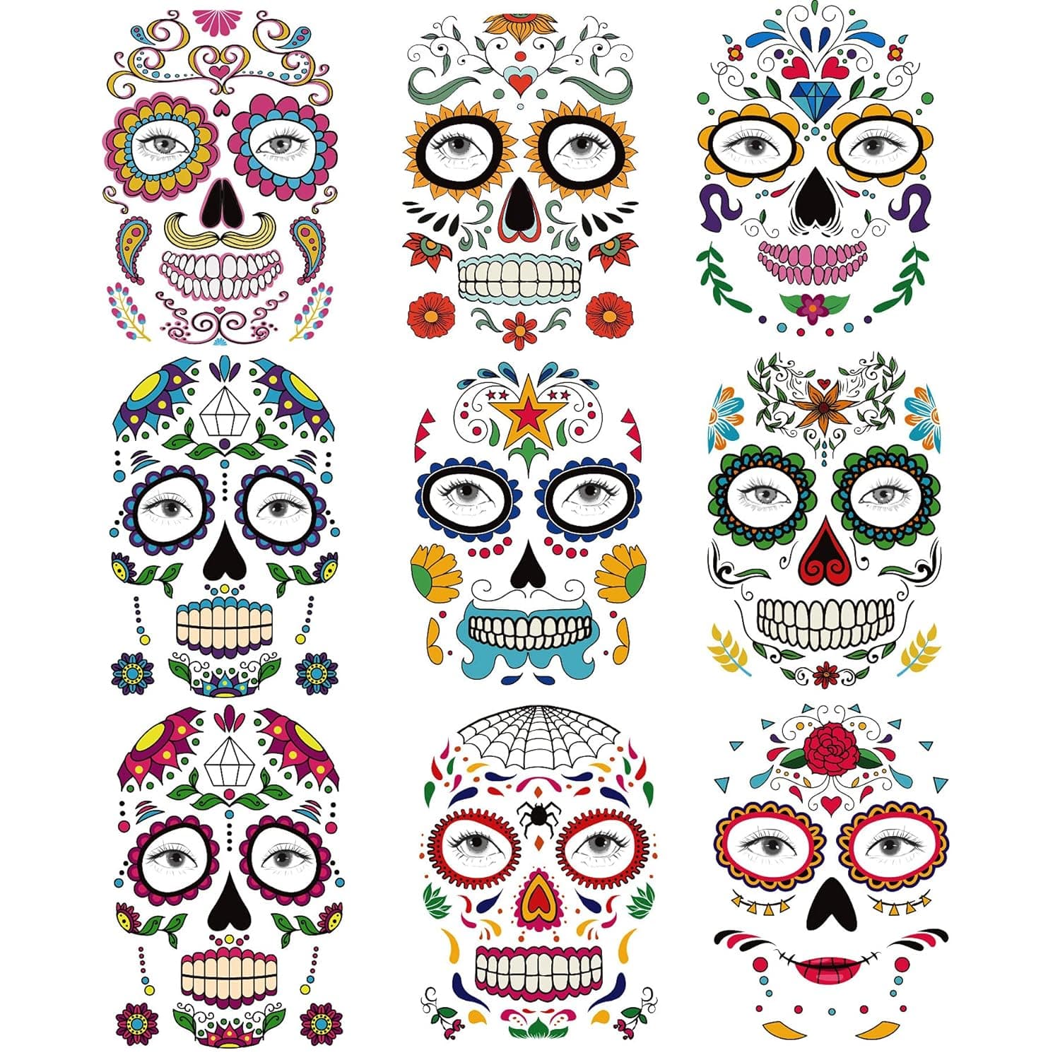Kotbs 9 Sheets Day of the Dead Skeleton Face Tattoo Stickers, Glitter Red Roses Temporary Tattoos for Men Women Halloween Costume Accessories and Parties