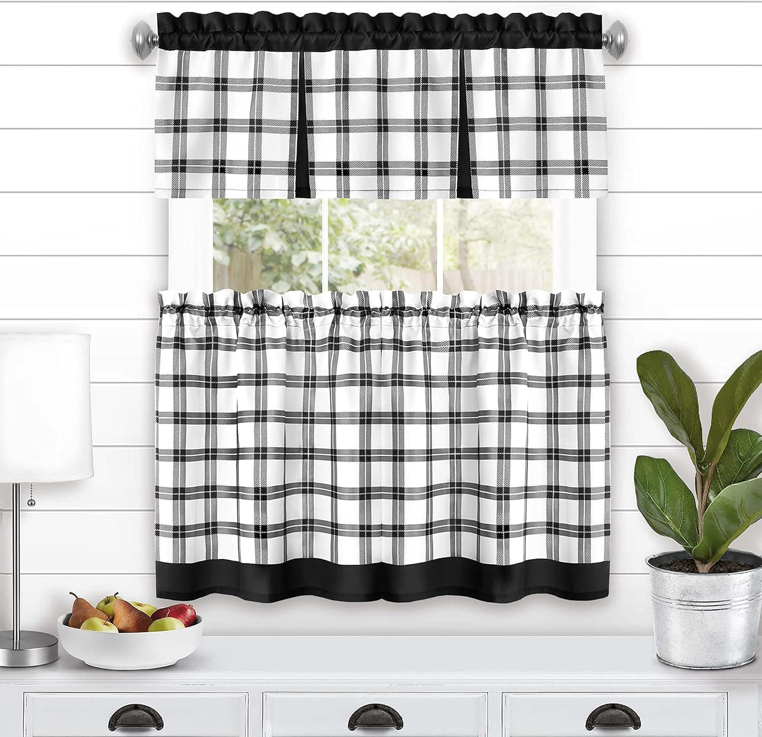GoodGram Windowpane Plaid Tartan Country Farmhouse Kitchen Curtain Tier & Valance - Assorted Colors & Sizes (Black, 24 in. Long)