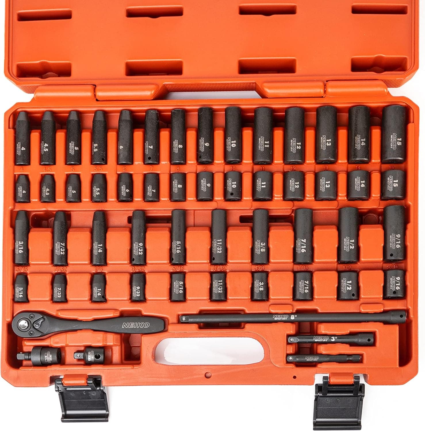 NEIKO 02437A 1/4 Drive Impact Socket Set 54 Piece Metric & Standard, Deep & Shallow Chrome Vanadium Steel 3/8” to 1/4” Reducer Hex Shank Adapter, 1/4 Socket Set Metric and Standard, Deep Socket Set