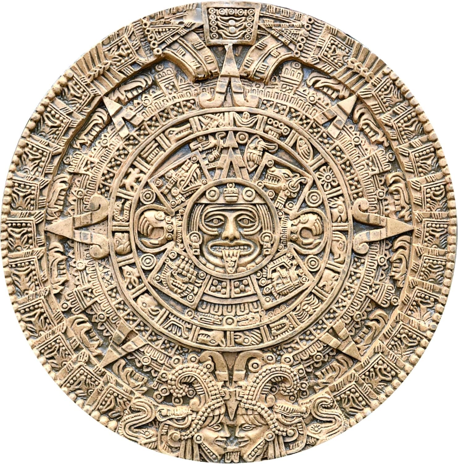 HISTORY MAYAN AZTEC CALENDAR SUN SCULPTURAL WALL RELIEF 17" www.NEO-MFG.com Aged Stone Faux finish