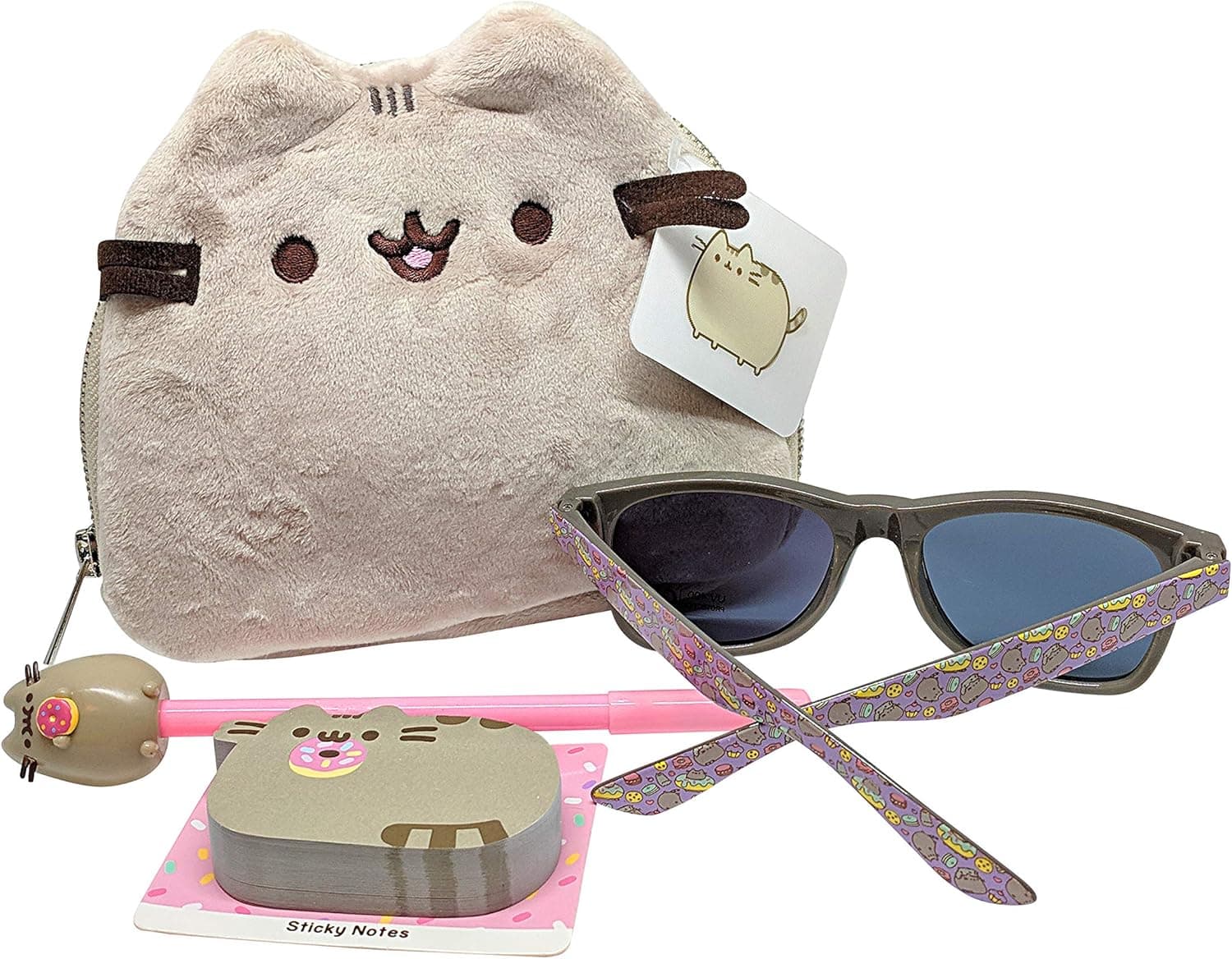 CultureFly Pusheen Plush Cat Face Bag and Accessories Bundle of 4 Items - Bag, Pen, Sunglasses, Sticky Notes (Donut)