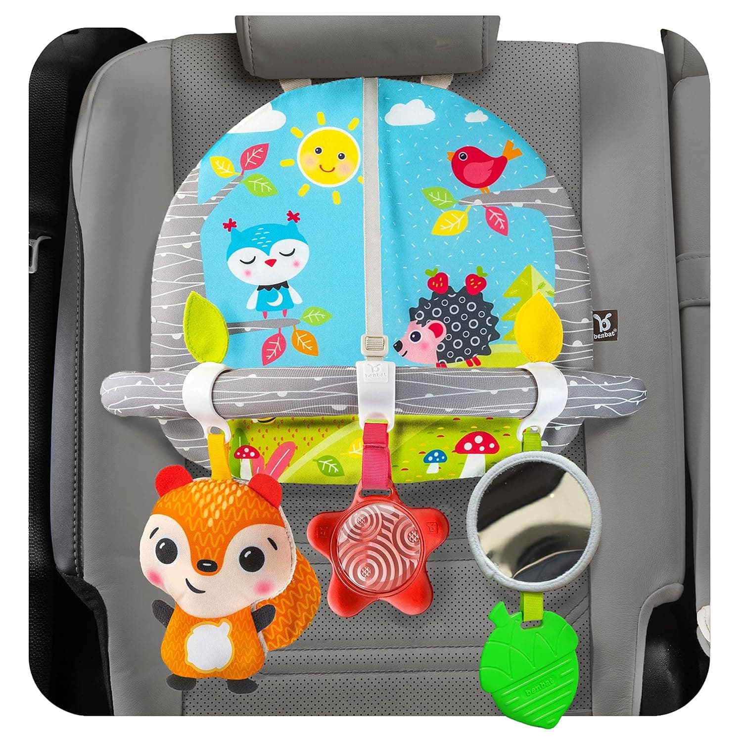 Car Seat Toys For Babies - Double Sided Rear Facing Carseat Toy With Baby Mirror For Infants Girls And Boys 0+ Month by BENBAT - Blue