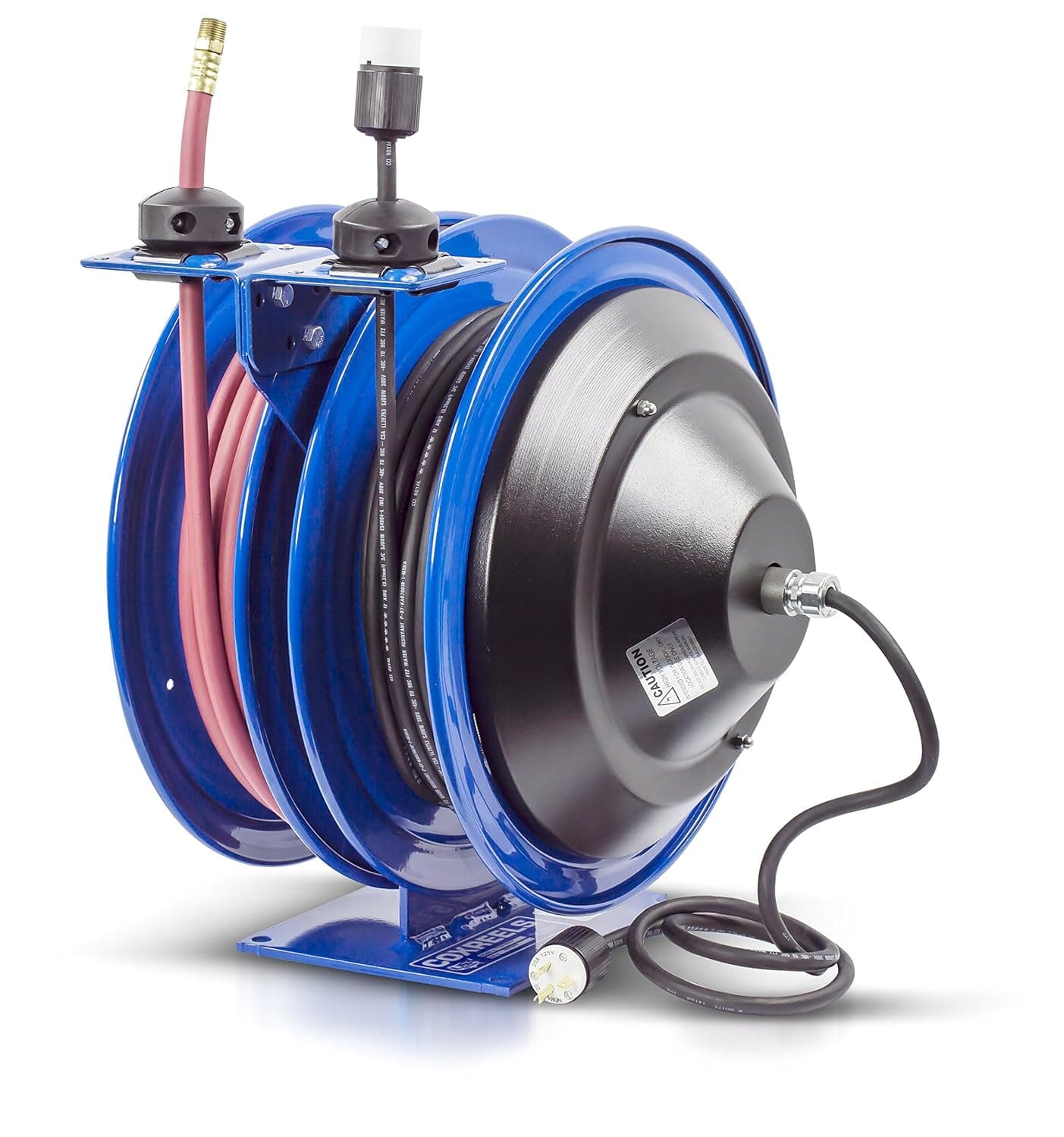Coxreels C-L350-5016-A Dual Purpose Electric/Air Spring Rewind Reels: 50' 3/8" I.D. Hose, 300 PSI, & Single Industrial Receptacle, 50' Cord, 16 AWG