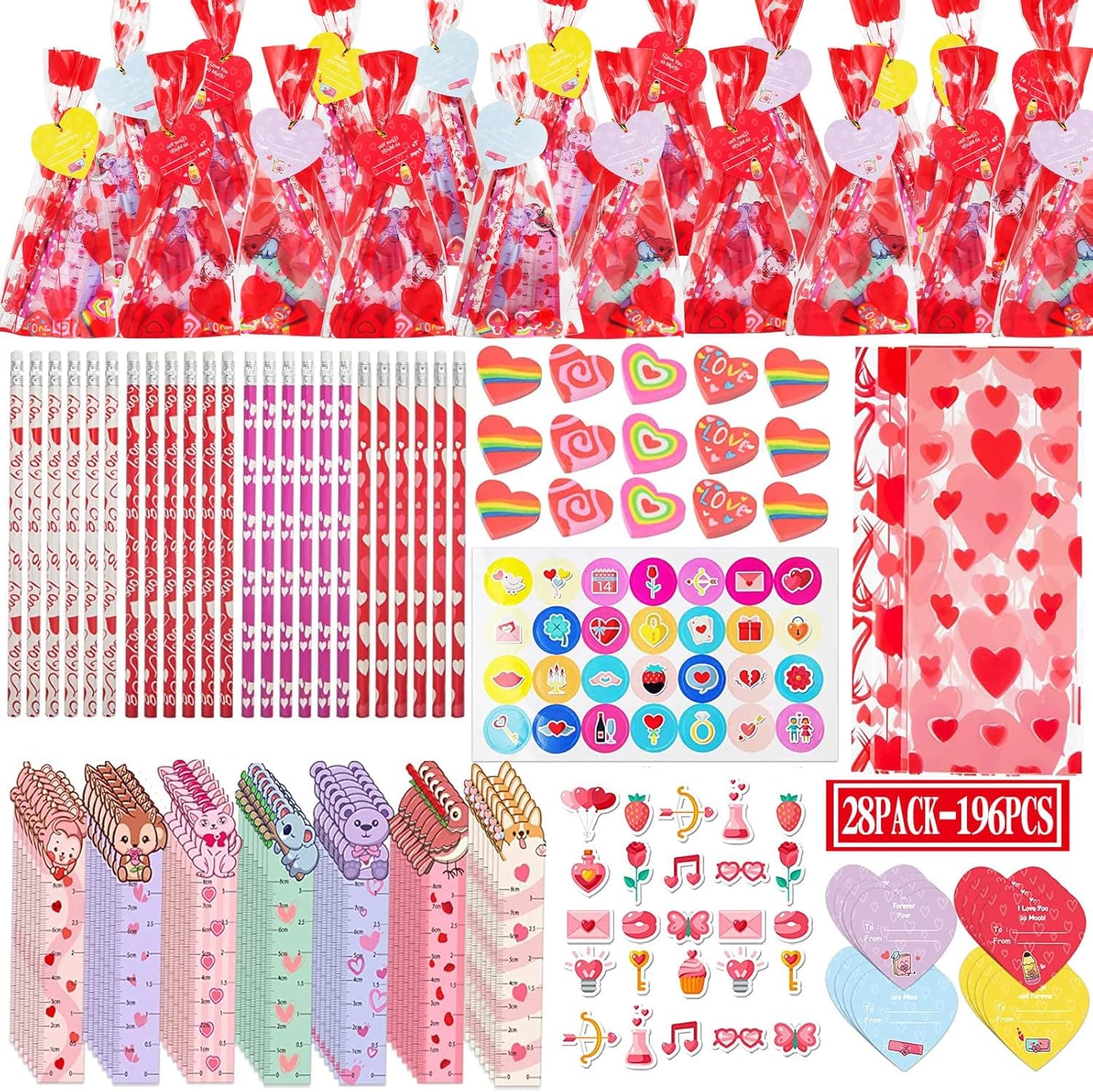 KMUYSL Valentines Day Gifts for Kids-Classroom Valentine Stationery Set with Pencil Eraser Sticker Valentine Cards for Kids Classroom Exchange Gift,Valentine Party Favor Supplies and School Rewards Prizes