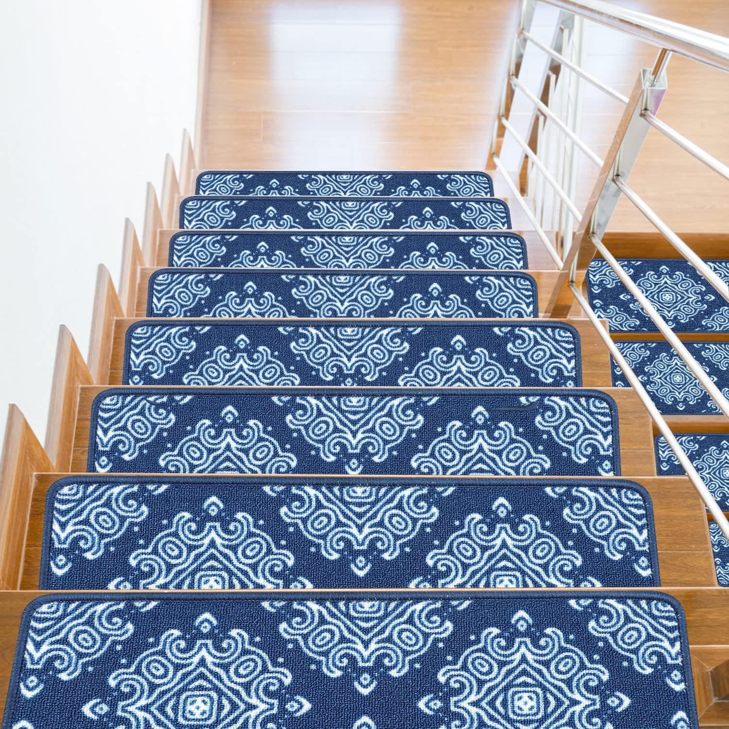 Famibay Set of 13 Stair Treads for Wooden Steps Indoor Non Slip Stair Carpet Treads with Rubber Backed Vintage Symmetry Pattern Stair Rugs Non Stick Machine Washable 9.4 x 25.6 Inches Navy