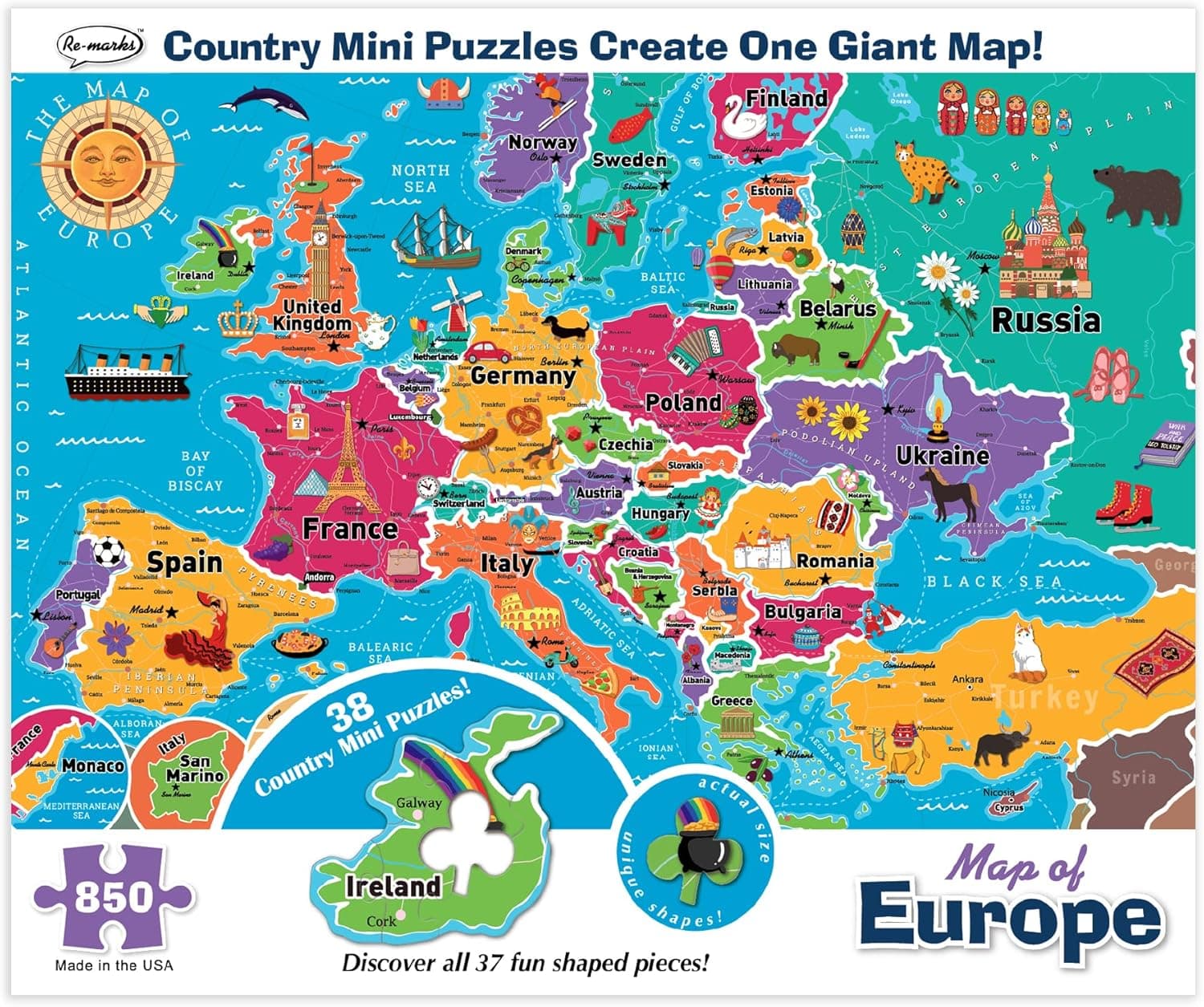 Re-marks Map of Europe Deluxe Jigsaw Puzzle with Whimsy Pieces - All Ages