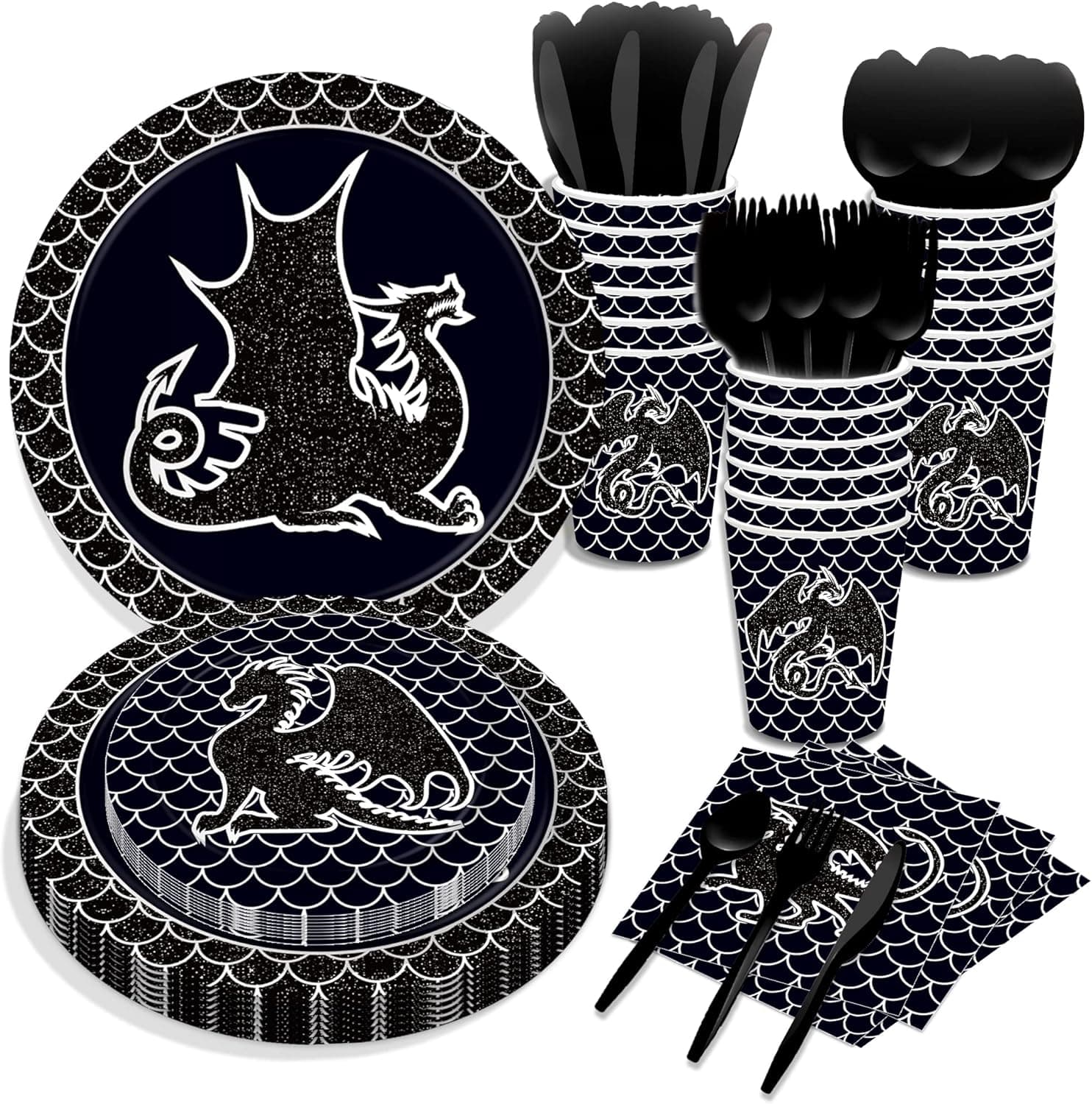 CC HOME Dragon Party Themed Party Supplies Pack Black Dragon Party Decorations Party Pack- Serves 16 - Includes Dragon Party Plates Cups Napkins