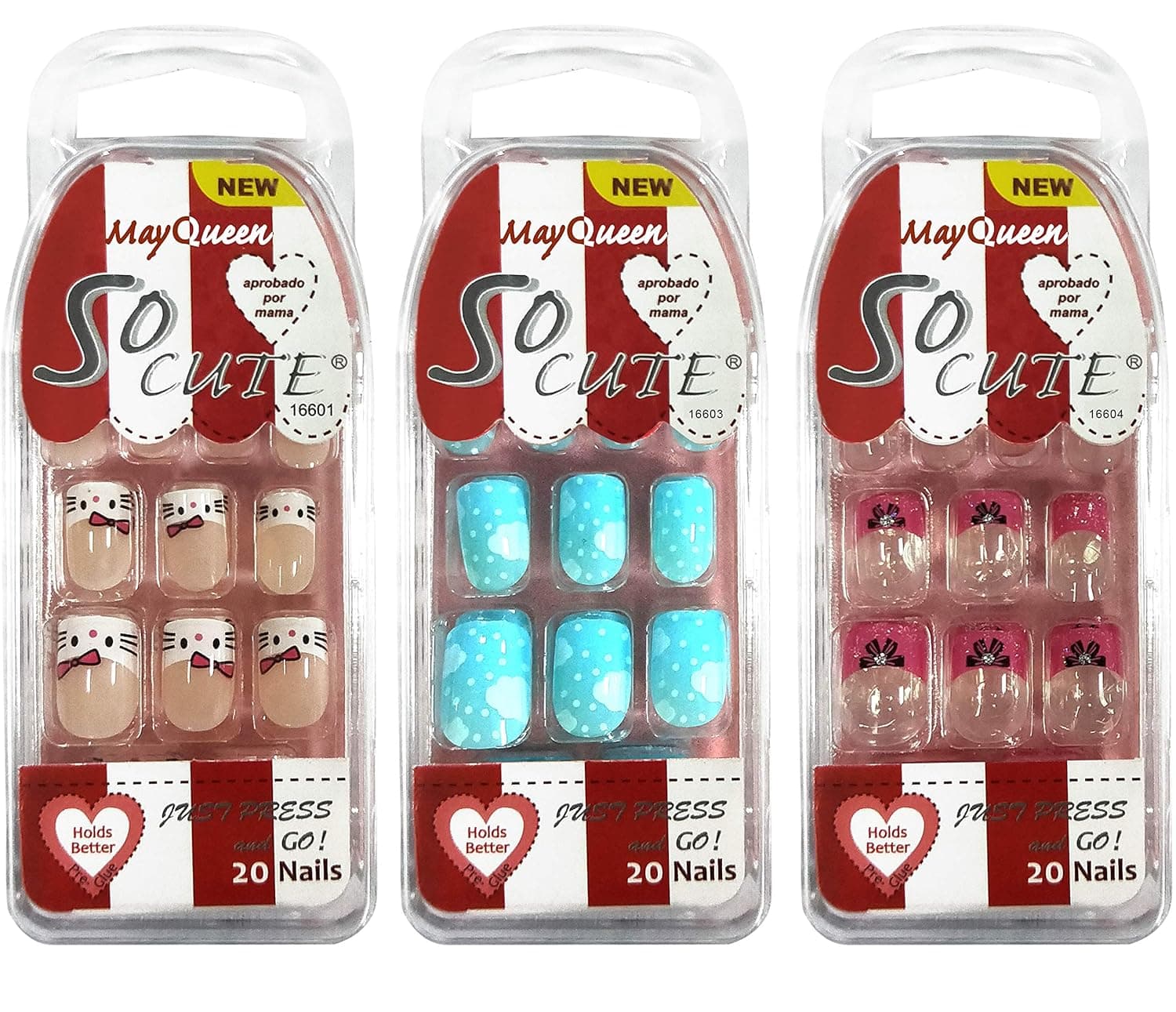 Beautia 3 Pack 60Tips So Cute Junior False Fake Design Nails, Sticker Nail for Kids