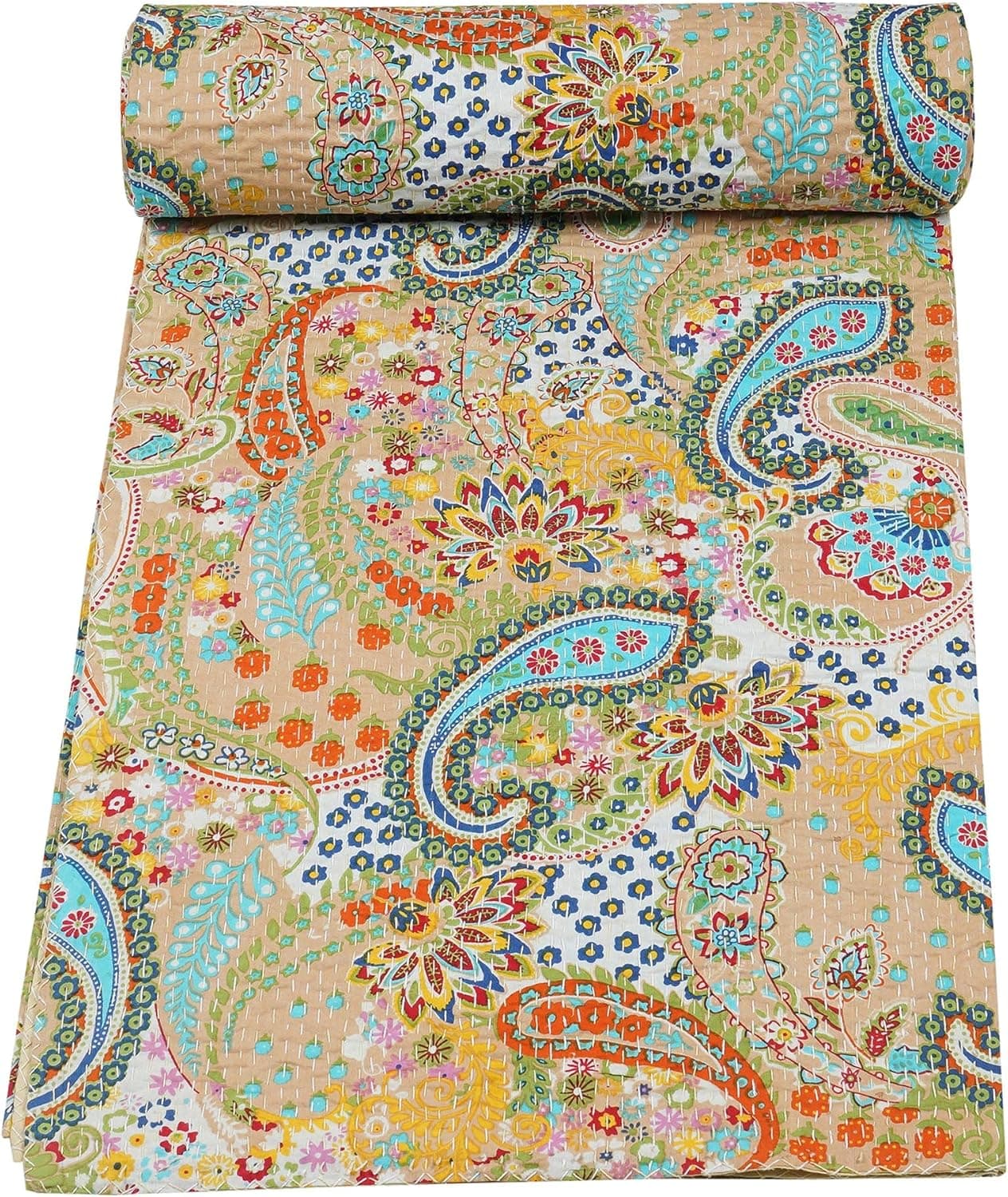 Marubhumi Indian Handmade Paisley Print Cotton Kantha Quilt (Beige, Queen (90"x 108"))